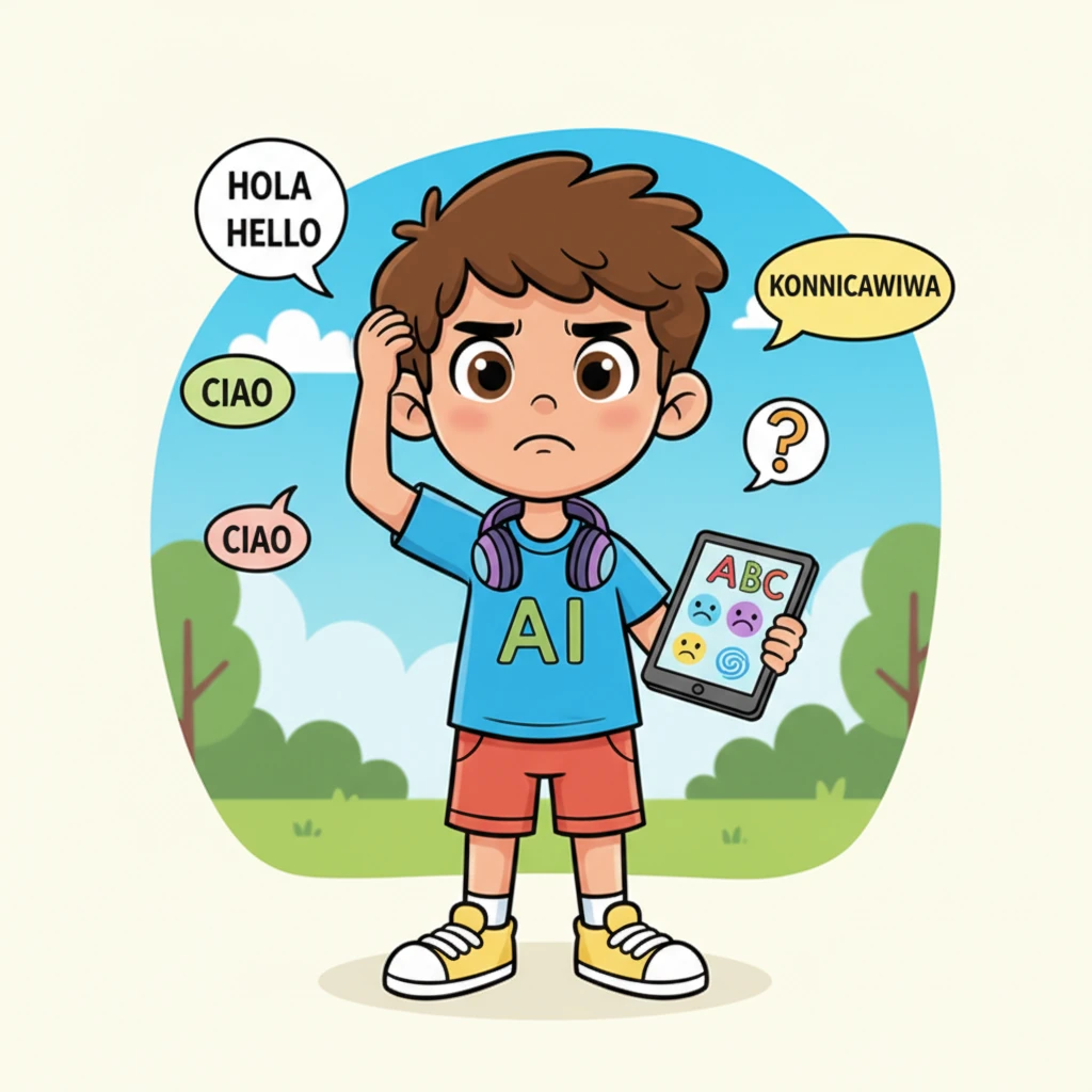 Little Leo loved to play, but sometimes words got in the way. 'Hola, hello!' he'd try to say, confused by languages, day by day. He'd scratch his head, wishing for a clearer path.
