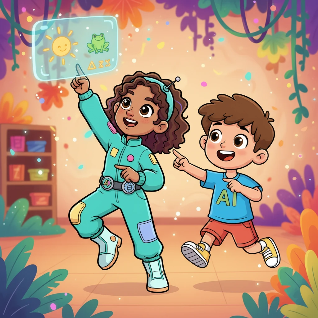 Leo giggled, 'Let's give it a try!' Lexi showed him, reaching high. A picture popped, a word displayed, new language wonders, unafraid. He pointed excitedly at the new words.