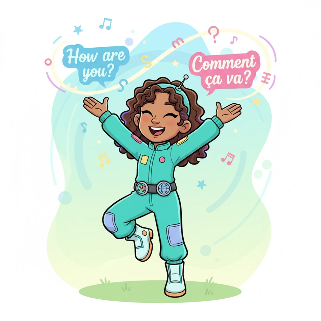 She linked the phrases, smooth and clear, banishing every linguistic fear. 'How are you?' became 'Comment ça va?' A joyful dance, hurray, hurrah! Lexi showed how sentences flowed together.