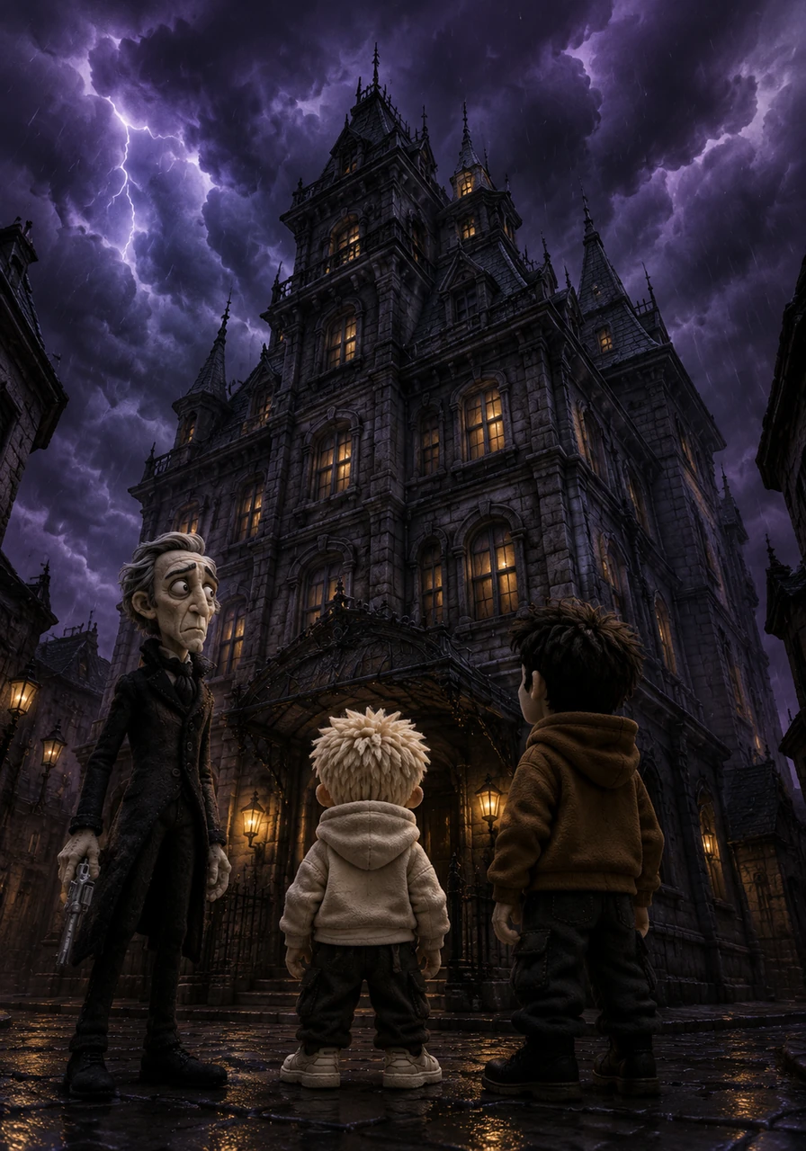 The old hotel stood tall against a bruised purple sky, its gothic spires reaching into the swirling clouds. A low rumble of thunder vibrated through the floorboards as the wind shrieked through the narrow alleyways below.