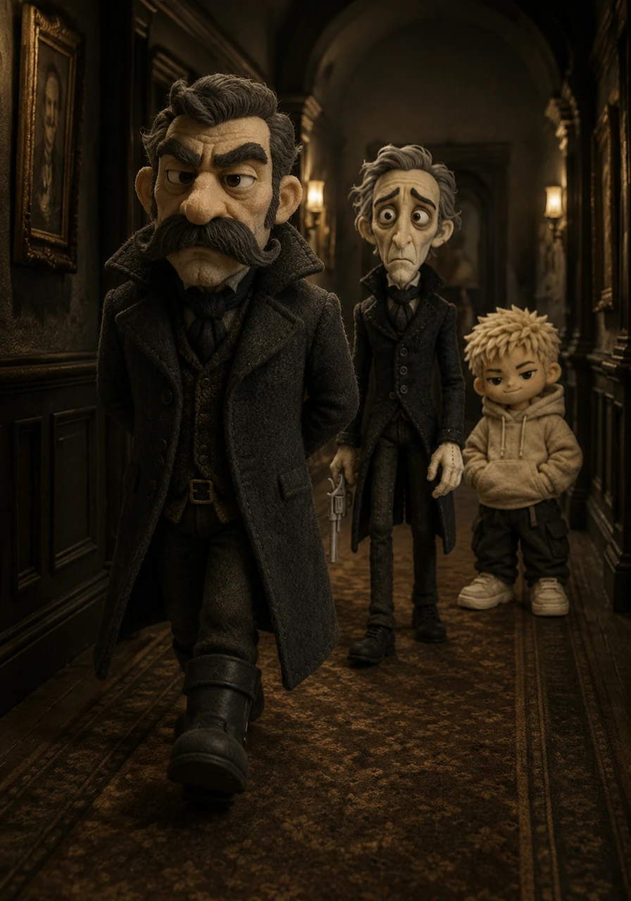 Ausler moved down the dim corridor, his heavy boots thudding rhythmically on the worn carpet. With his wide handlebar moustache and thick black coat, he looked like a formidable relic of a bygone era navigating the shadows.