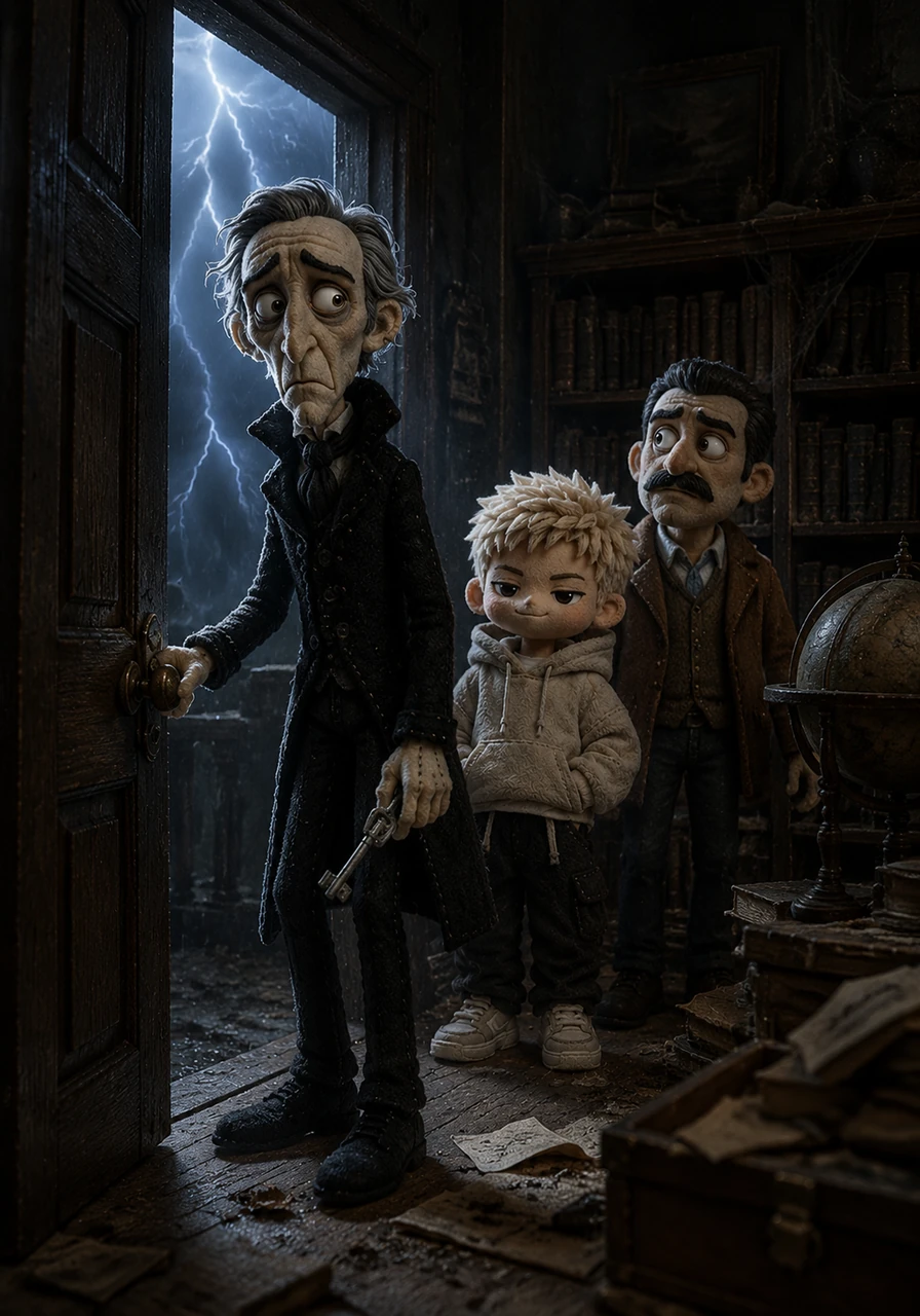 As Ausler turned the key and pushed open the heavy oak door, a jagged bolt of lightning illuminated the room. The air was thick with the scent of old paper and the impending storm, chilling the men to their very bones.