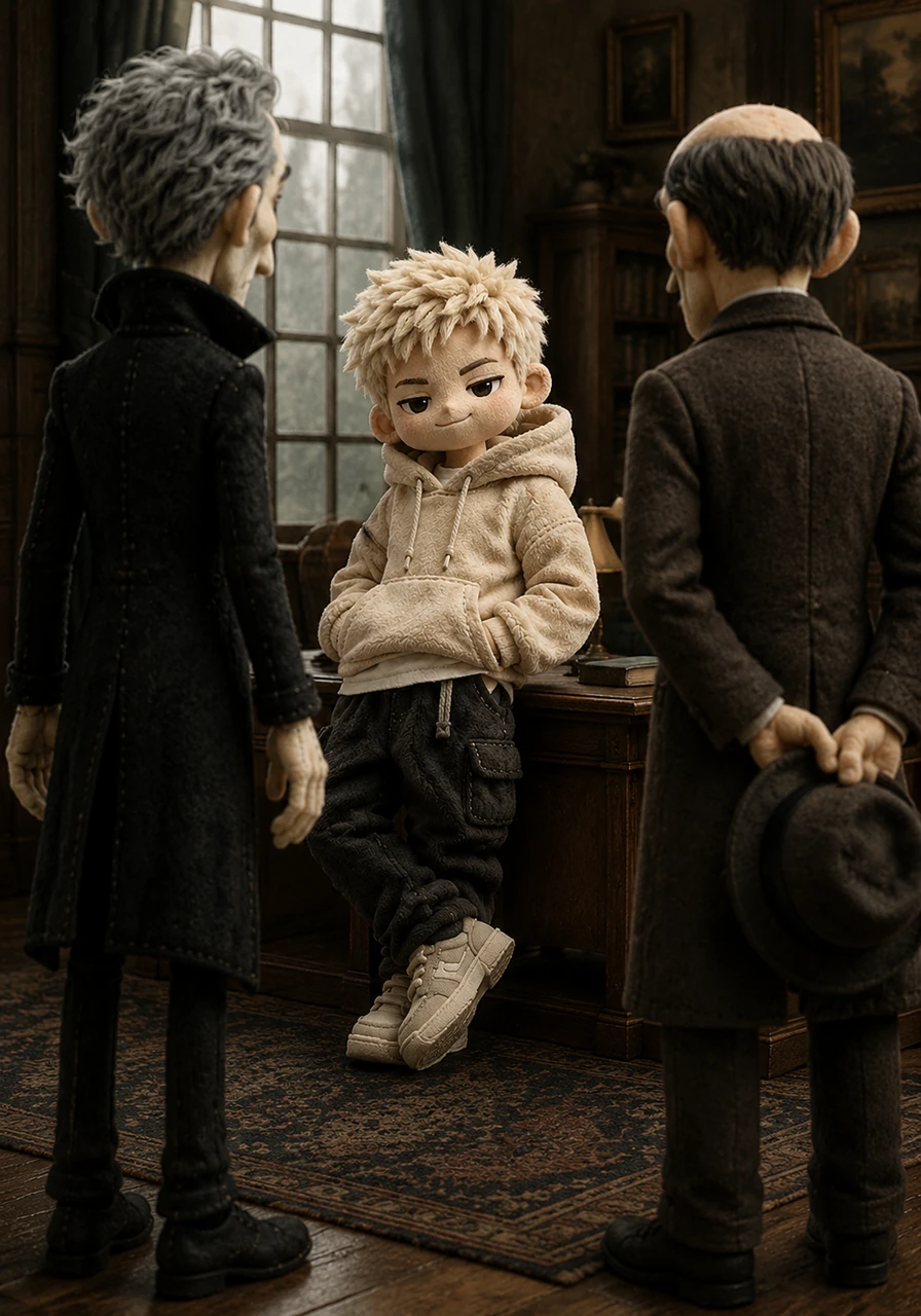 In the center of the room stood Max, looking strikingly out of place with his bleached blonde hair and oversized Gen-Z streetwear. He leaned casually against a desk, a cool smirk playing on his lips as he watched the two men enter.