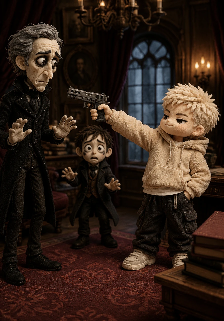 Max pointed a sleek, modern weapon at the newcomers, his effortless personality contrasting sharply with the gothic gloom of the room. He demanded the secret reports with a voice that was calm, detached, and dangerously sharp.