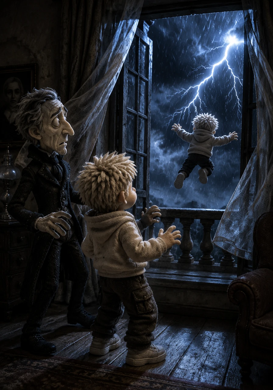 Panicked by the knocking and a blinding flash of lightning, Max leaped backward through the open window toward the imaginary balcony. He vanished into the howling wind and darkness, leaving Ausler and Fowler alone in the silent, stormy room.