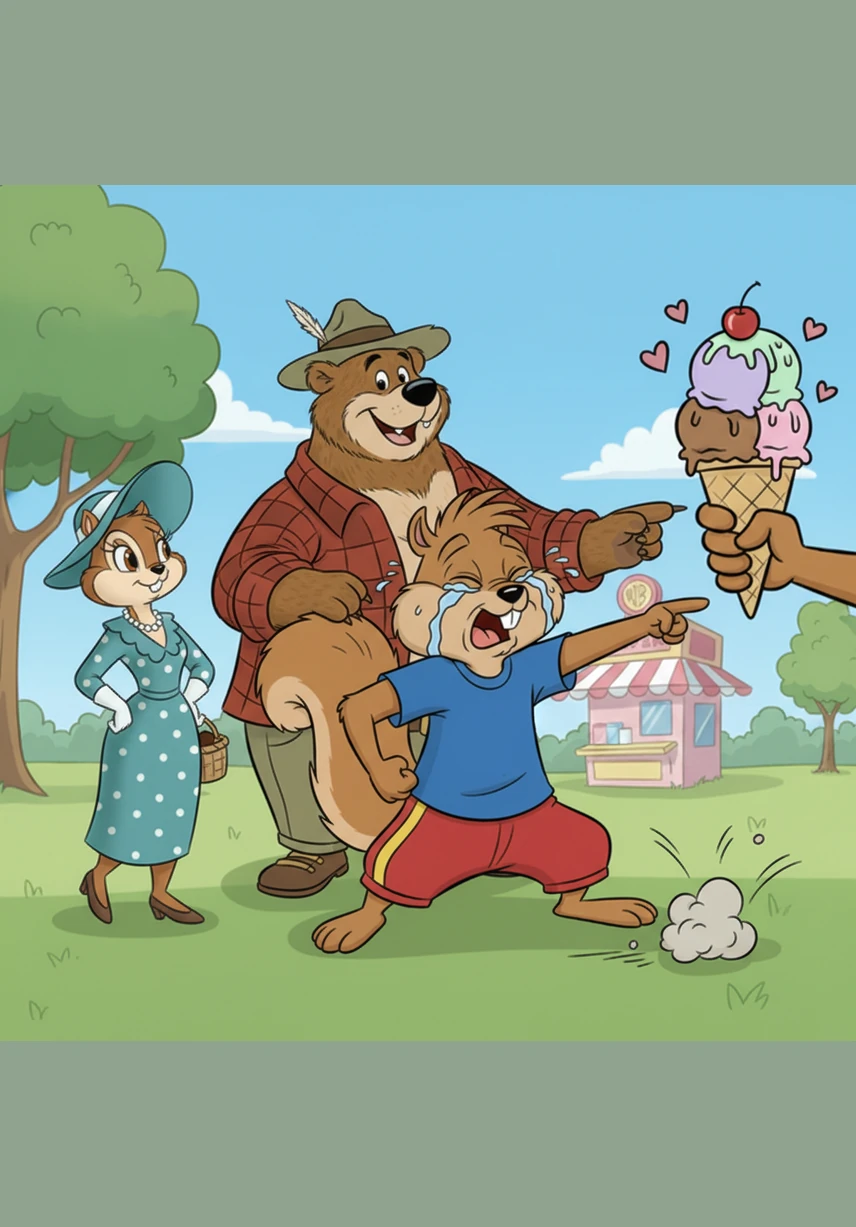 Sammy the Squirrel, wearing his favorite blue shirt and orange shorts, skips happily through the sun-drenched park. His mom, Mrs. Hazel, follows closely behind in her bright floral dress, enjoying the gentle breeze and the sound of birds chirping.