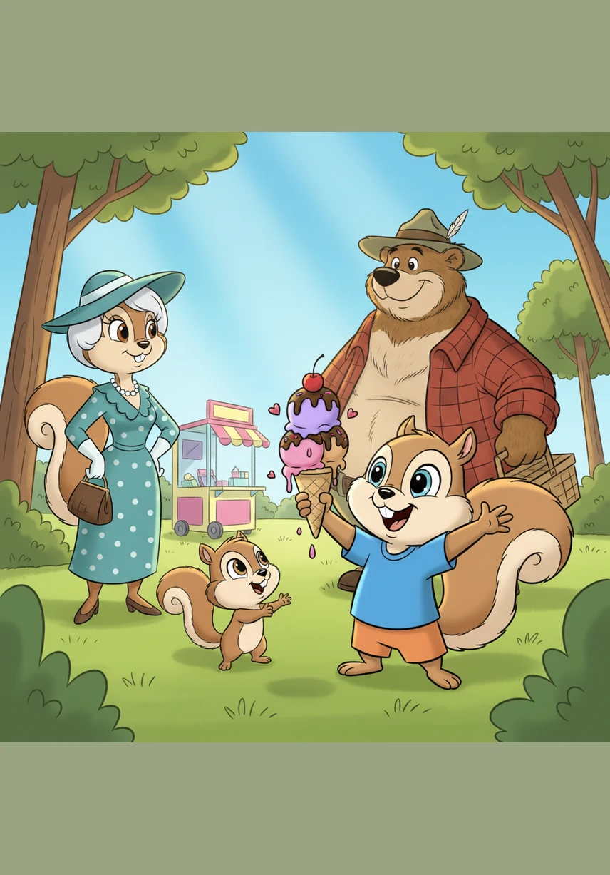 Suddenly, a cheerful jingle fills the air, and Sammy stops in his tracks with his ears perked up. In the distance, a colorful ice cream truck decorated with sprinkles and giant cones pulls up under a shady oak tree.