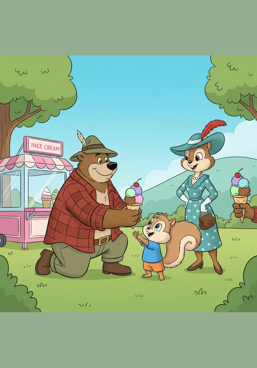 A large, friendly bear wearing a white paper hat scoops out colorful piles of strawberry and vanilla for a group of excited bunny and raccoon children. Sammy watches with wide, hungry eyes as the cold treats sparkle in the sunlight.