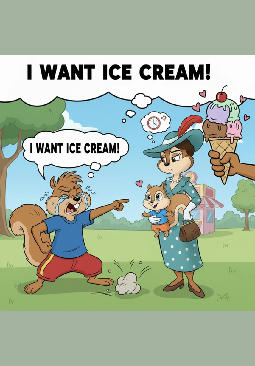 Sammy can almost taste the sweetness, and his tail twitches with intense excitement. He turns to his mom with a hopeful grin and a wagging tail, pointing frantically at the bear’s truck and the delicious treats.