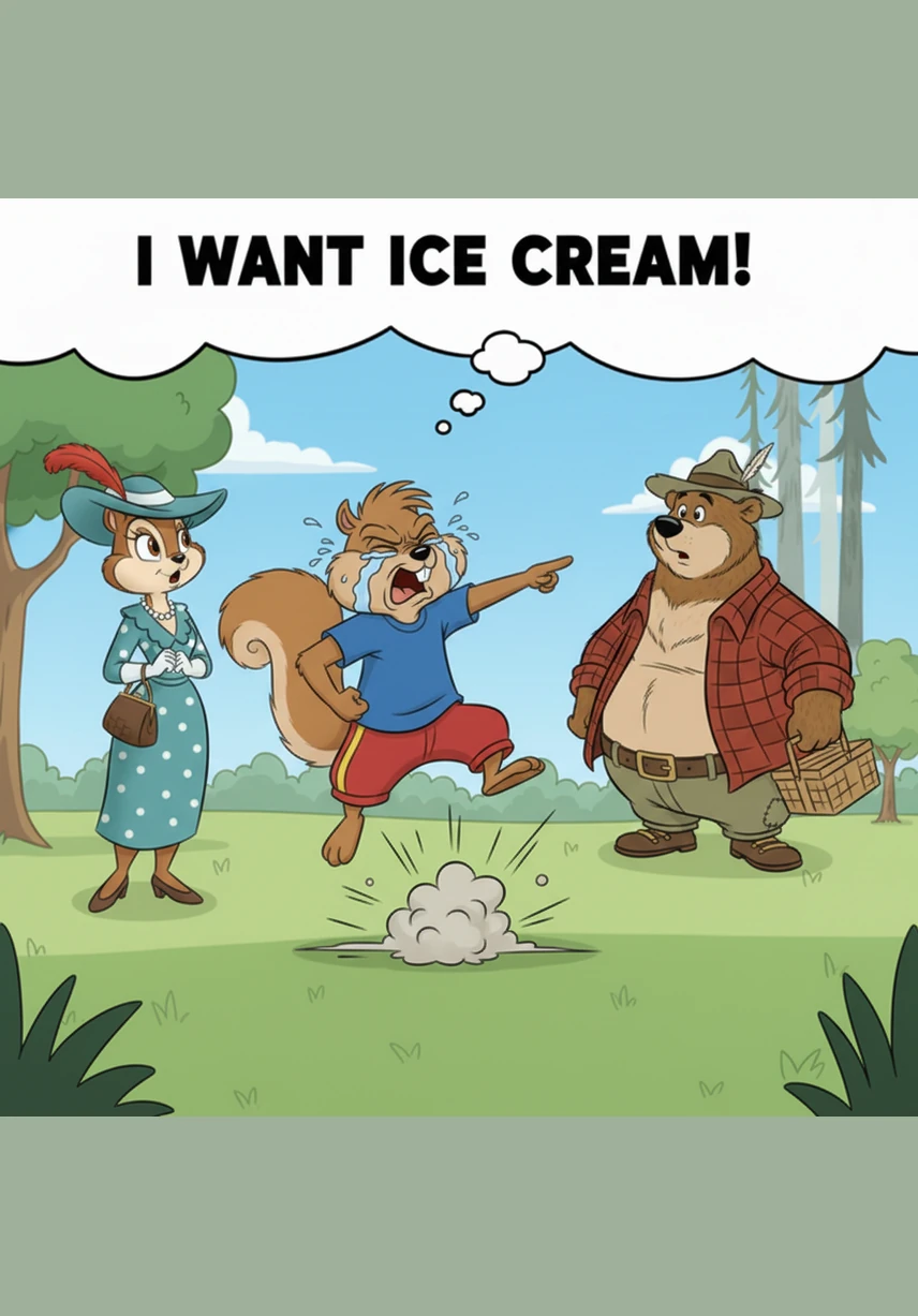 Sammy’s face turns bright red, and huge cartoon tears start to splash onto the grass like rain. He throws himself onto the ground, kicking his feet and wailing loudly in a giant tantrum because he wants that ice cream right now.