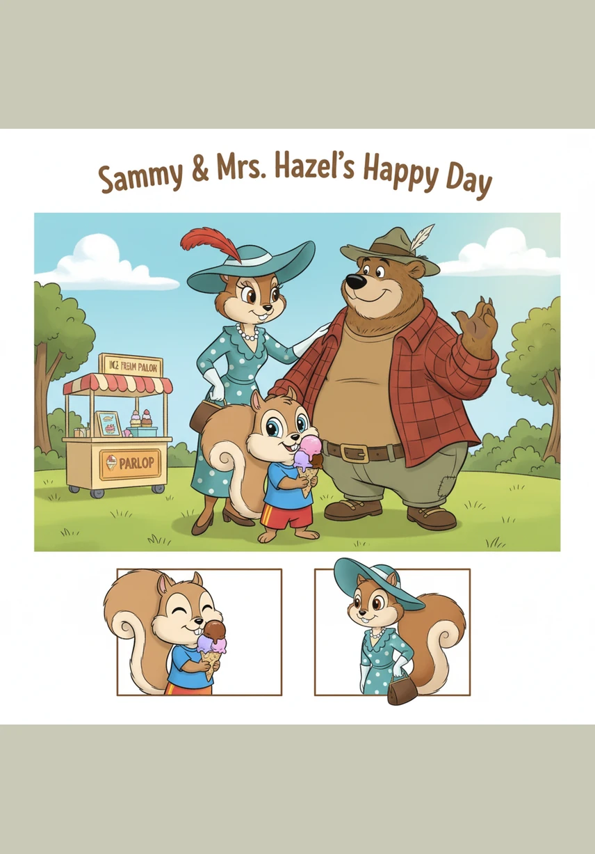 Feeling sorry for his behavior, Sammy stands up and brushes the grass off his shorts. He walks over to his mom, gives her a big squeeze around her waist, and reaches out to help her carry her heavy shopping bag.