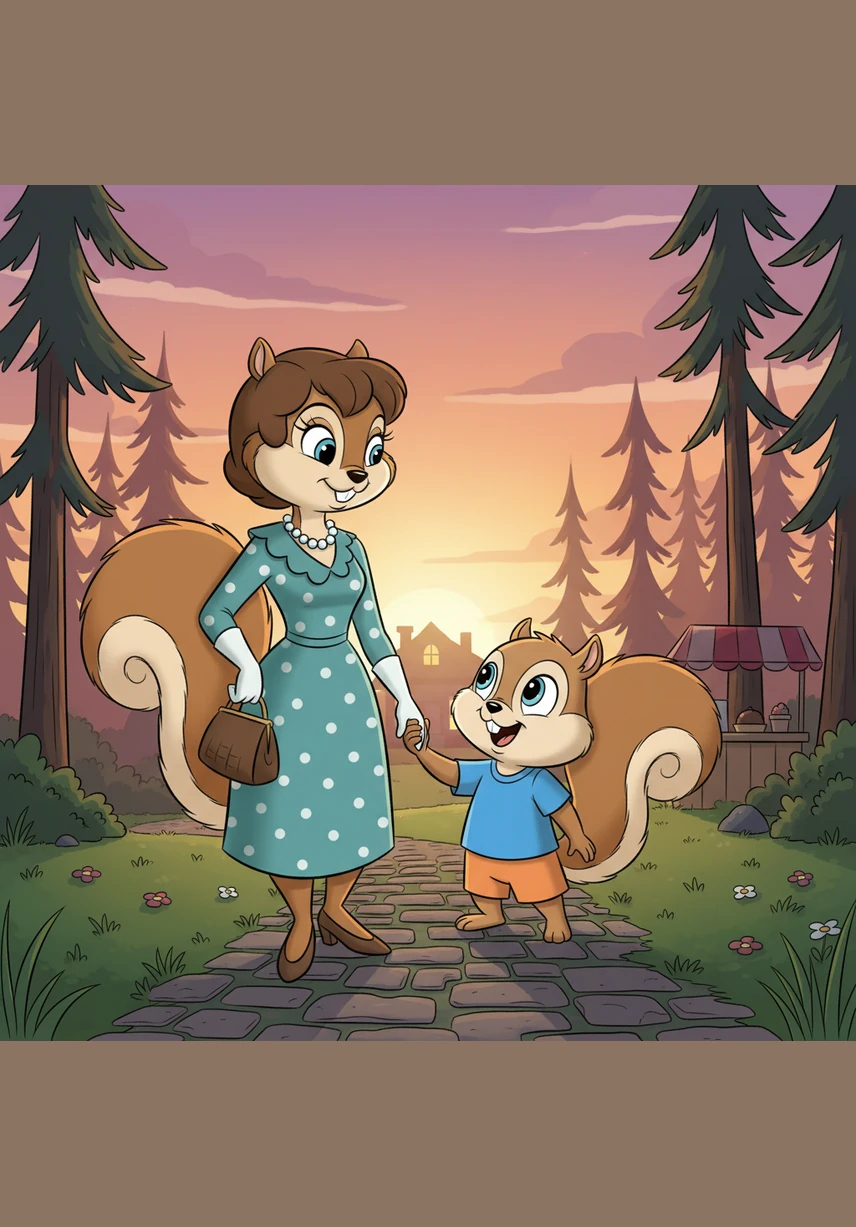 The sun begins to set as Sammy and Mrs. Hazel walk hand-in-hand toward home, both wearing warm, bright smiles. Sammy realizes that being a helpful squirrel and seeing his mom happy feels much better than any ice cream cone ever could.