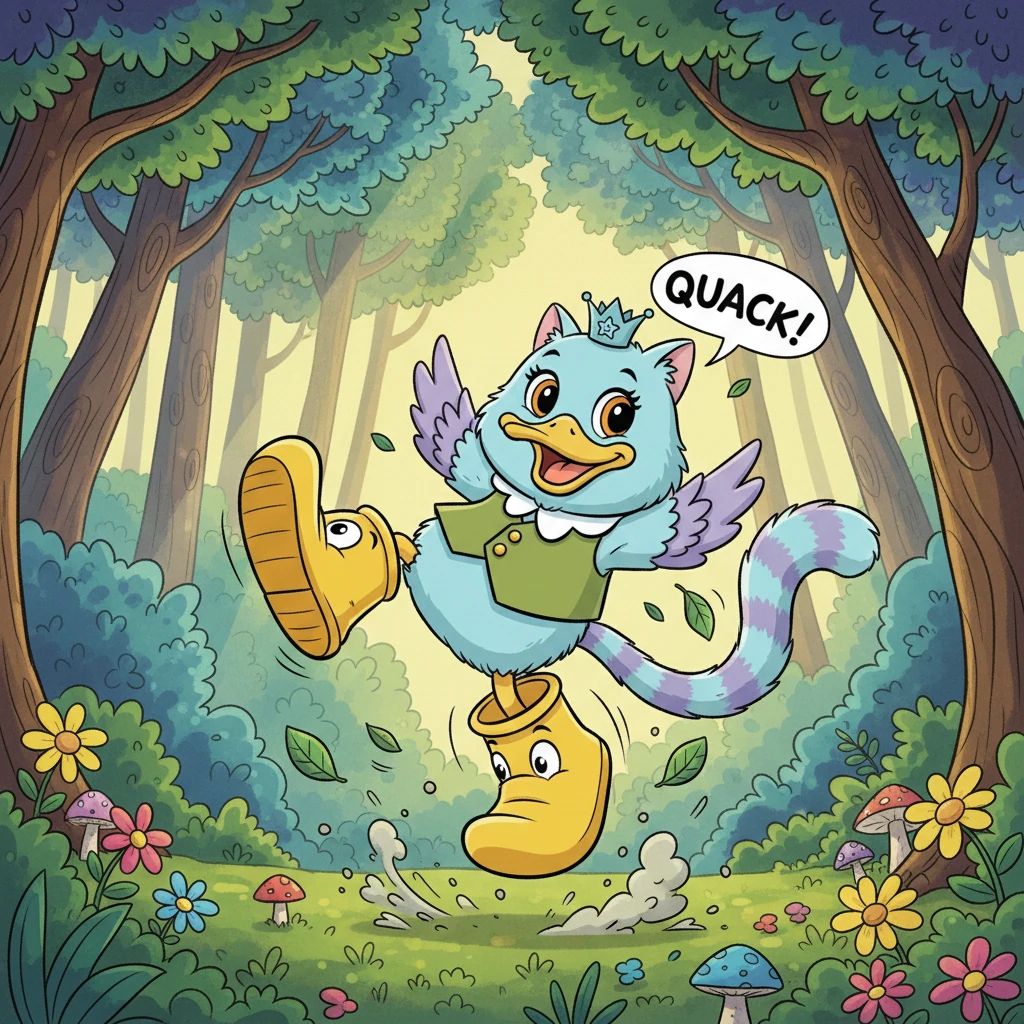 En el vibrante bosque de Gulubú, donde los árboles danzaban con el viento, apareció una criatura muy peculiar. Era el Gatopato, con un pico amarillo brillante como el de un pato y una cola larga y esponjosa como la de un gato, cubierto de plumas suaves y un poco de pelo. Calzaba unos zapatones de pato enormes y divertidos en sus cuatro patas.