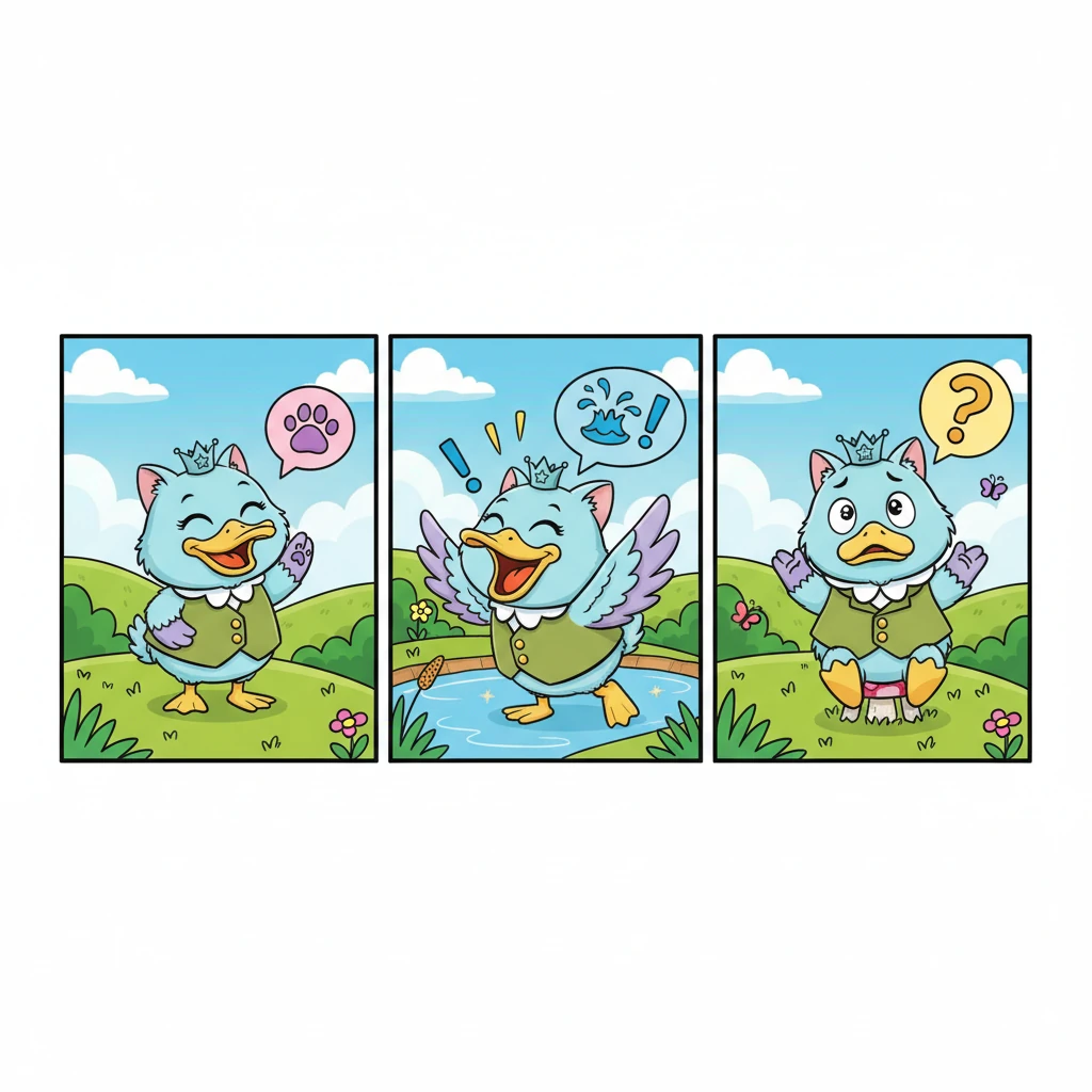 El Gatopato tenía una forma de hablar muy especial que cambiaba con los días. Los lunes, miércoles y viernes, decía un dulce "¡Miau!" con voz de gatito. Pero los martes, jueves y sábados, sorprendía a todos con un sonoro "¡Cuac!" como un pato juguetón. Los domingos, sin embargo, el pobre Gatopato se quedaba turulato, sin saber qué decir, con una expresión de pura confusión en su carita.