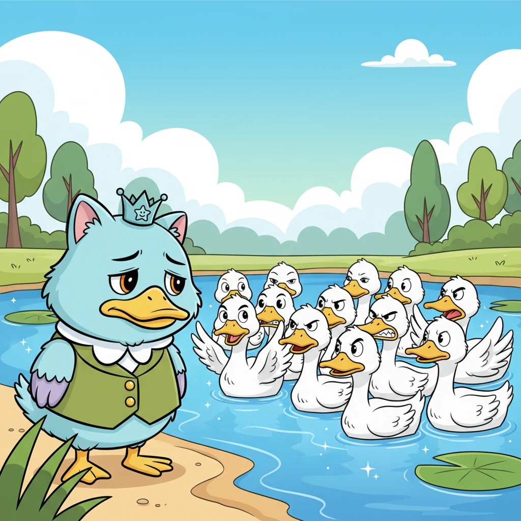 Un día, sintiéndose solo, el Gatopato se dirigió a la brillante laguna. Toda la "patería" lo recibió con miradas de indignación y graznidos fuertes. Los patos se reunieron en patota, con sus picos fruncidos, y le exigieron que se marchara de su tranquilo hogar acuático. Con la cabeza baja, el Gatopato se dio la vuelta y se fue, sintiendo un pequeño nudo en el corazón.