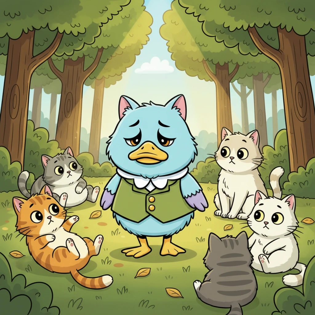 Caminó tristemente hasta el claro del bosque, donde varios gatos se bronceaban perezosamente bajo el sol. Lo dejaron estar un rato con ellos, pero no dejaban de mirarlo fijamente con ojos curiosos y un poco desconfiados. El Gatopato se sintió muy incómodo bajo sus miradas, como si fuera un bicho raro.