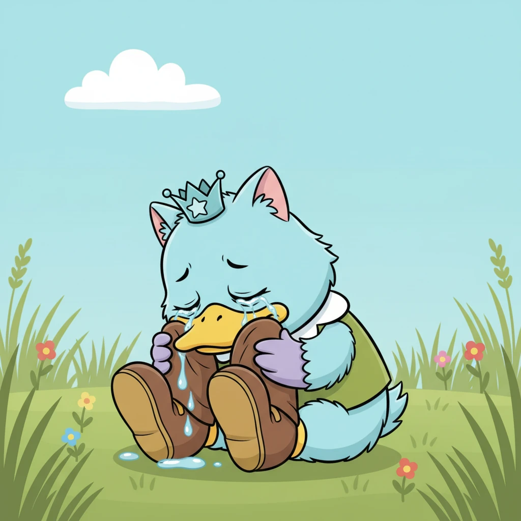 Pasaron muchos días, y el Gatopato se sentía cada vez más solo y triste. Lloraba a cada rato, escondiendo su carita en uno de sus grandes zapatones, que se volvía un pañuelo improvisado. Sus lágrimas, grandes y brillantes, rodaban por su pico, mostrando la profunda melancolía que sentía por no encontrar su lugar.