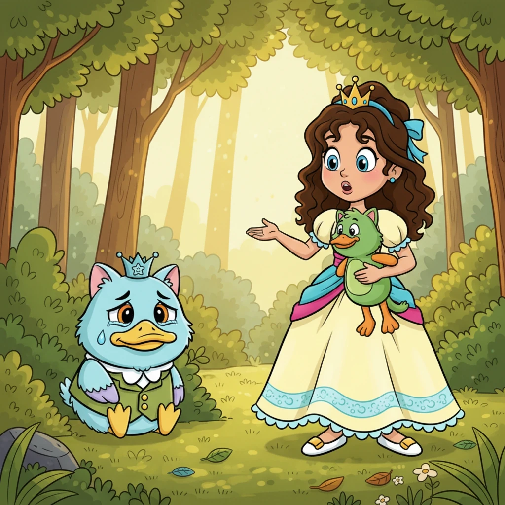 Un día soleado, mientras el Gatopato sollozaba suavemente, la elegante Princesa Monilda paseaba por el bosque. De repente, entre los arbustos, lo vio acurrucado. Con sus ojos grandes y expresivos, la princesa se detuvo, sorprendida por la singular belleza del Gatopato.