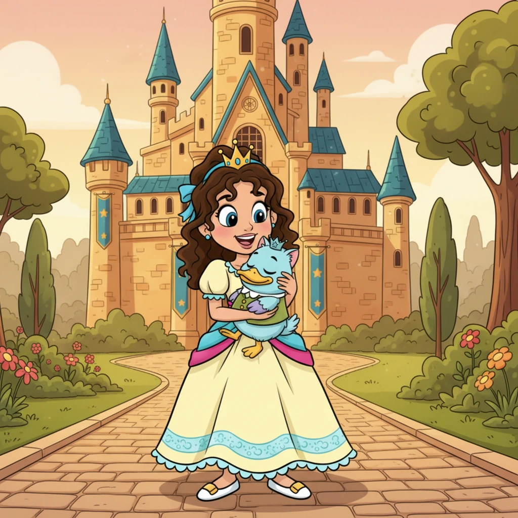 "¡Hacía años que quería tener un Gatopato en mi palacio!", dijo la princesa con entusiasmo. Con suma delicadeza, lo alzó suavemente entre sus brazos, le hizo muchos mimos en su suave pelaje y plumas, y se lo llevó consigo al majestuoso palacio. El Gatopato se sintió cálido y seguro por primera vez.