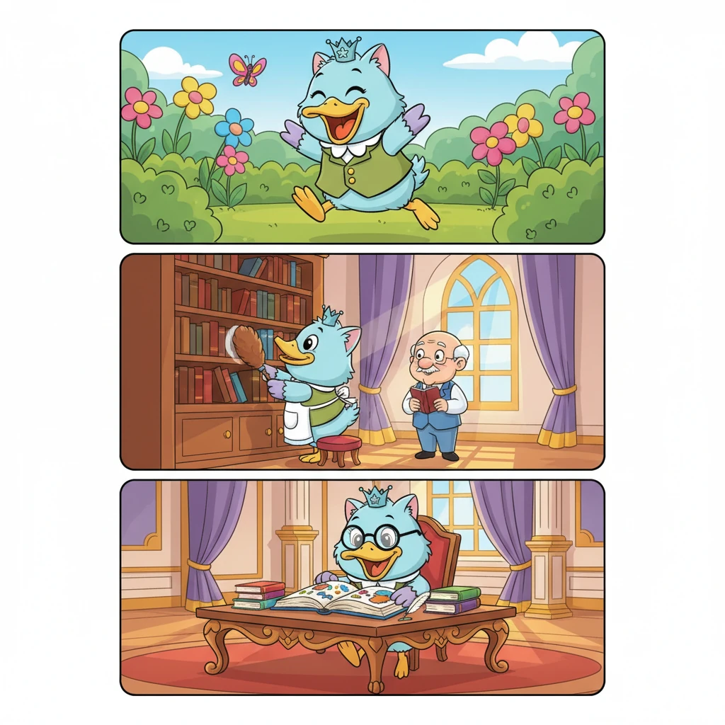 En el palacio, la vida del Gatopato cambió por completo. Jugó felizmente en los jardines, trabajó con alegría ayudando en pequeñas tareas, y estudió con entusiasmo en la biblioteca real. Su corazón, antes solitario, ahora rebosaba de alegría y propósito, rodeado de cariño y nuevas experiencias.