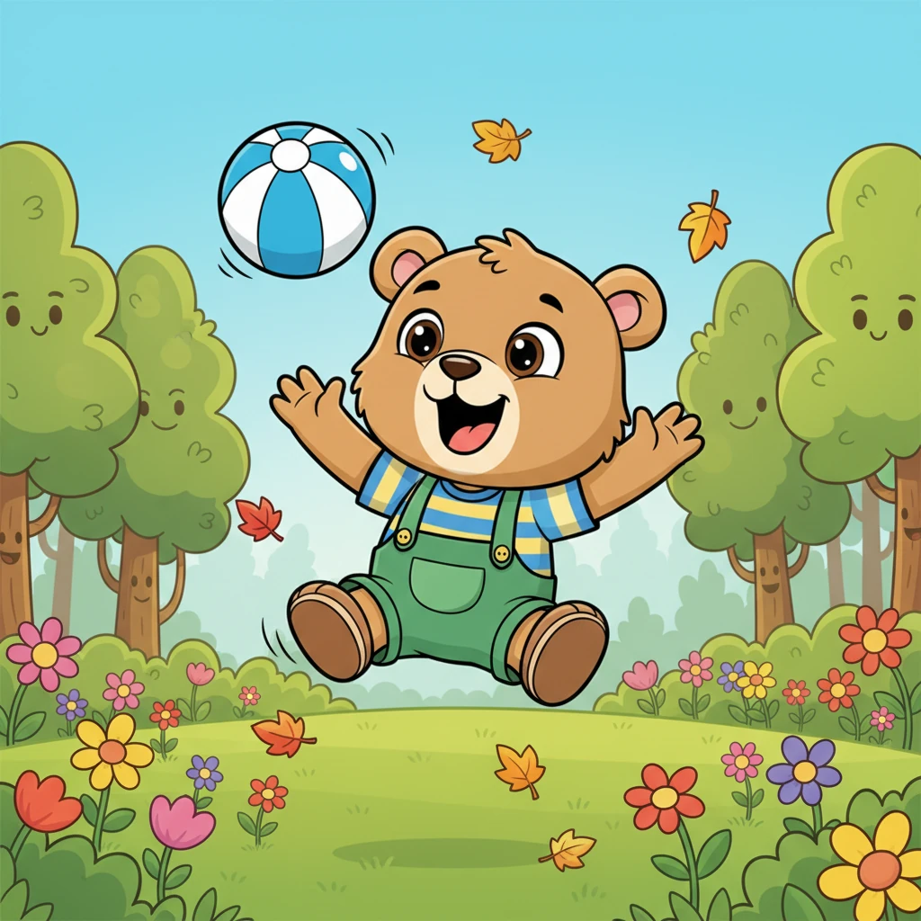 Nico, un osito marrón con grandes ojos curiosos, salta y ríe en un prado verde y soleado. Su pelota azul brillante rebota alegremente en el aire, con hojas de otoño danzando a su alrededor. El bosque, lleno de árboles altos y flores de colores vivos, parece sonreír con él.