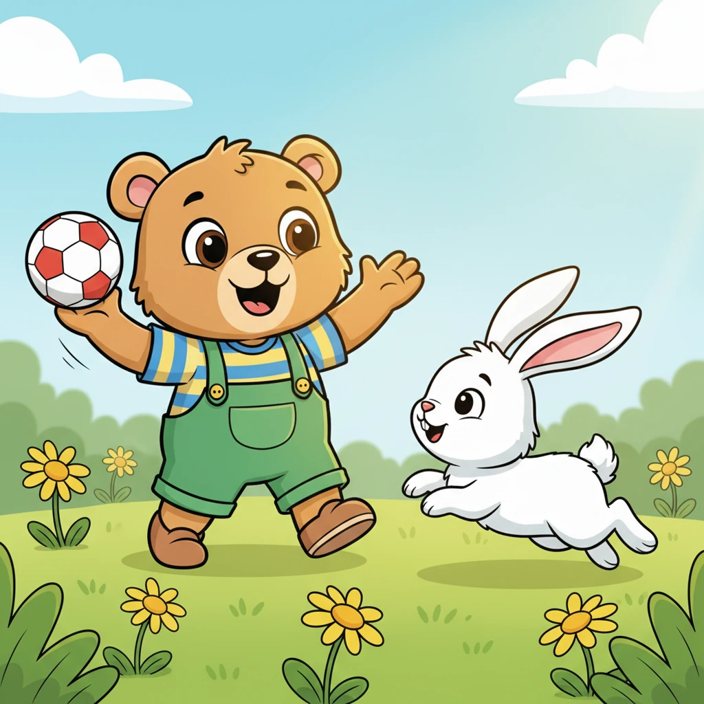 De repente, una conejita blanca y esponjosa, Pipa, salta entre unas margaritas amarillas. Sus orejas largas se mueven con curiosidad mientras se acerca a Nico, que está a punto de lanzar su pelota. El sol ilumina sus rostros, con un brillo juguetón en el aire.