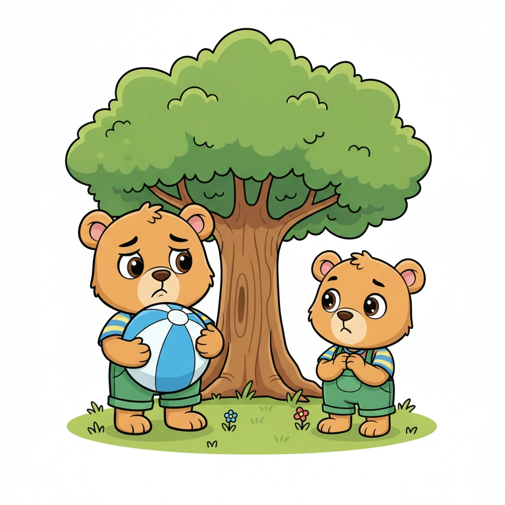 Nico abraza su preciada pelota azul con sus patitas, sus cejas fruncidas ligeramente. Pipa lo mira con una expresión de esperanza, sus patitas delanteras cruzadas de forma tímida. El fondo muestra un árbol grande y amable, como si observara la escena con un poco de tristeza.