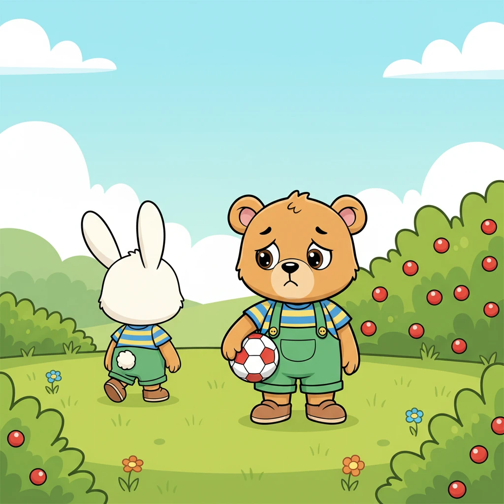 Pipa se aleja despacito, sus orejitas caídas y sus ojos un poco tristes. Su cola blanca se balancea suavemente mientras se desvanece entre los arbustos de bayas rojas. Nico se queda solo en el centro del prado, con la pelota aún firmemente agarrada.