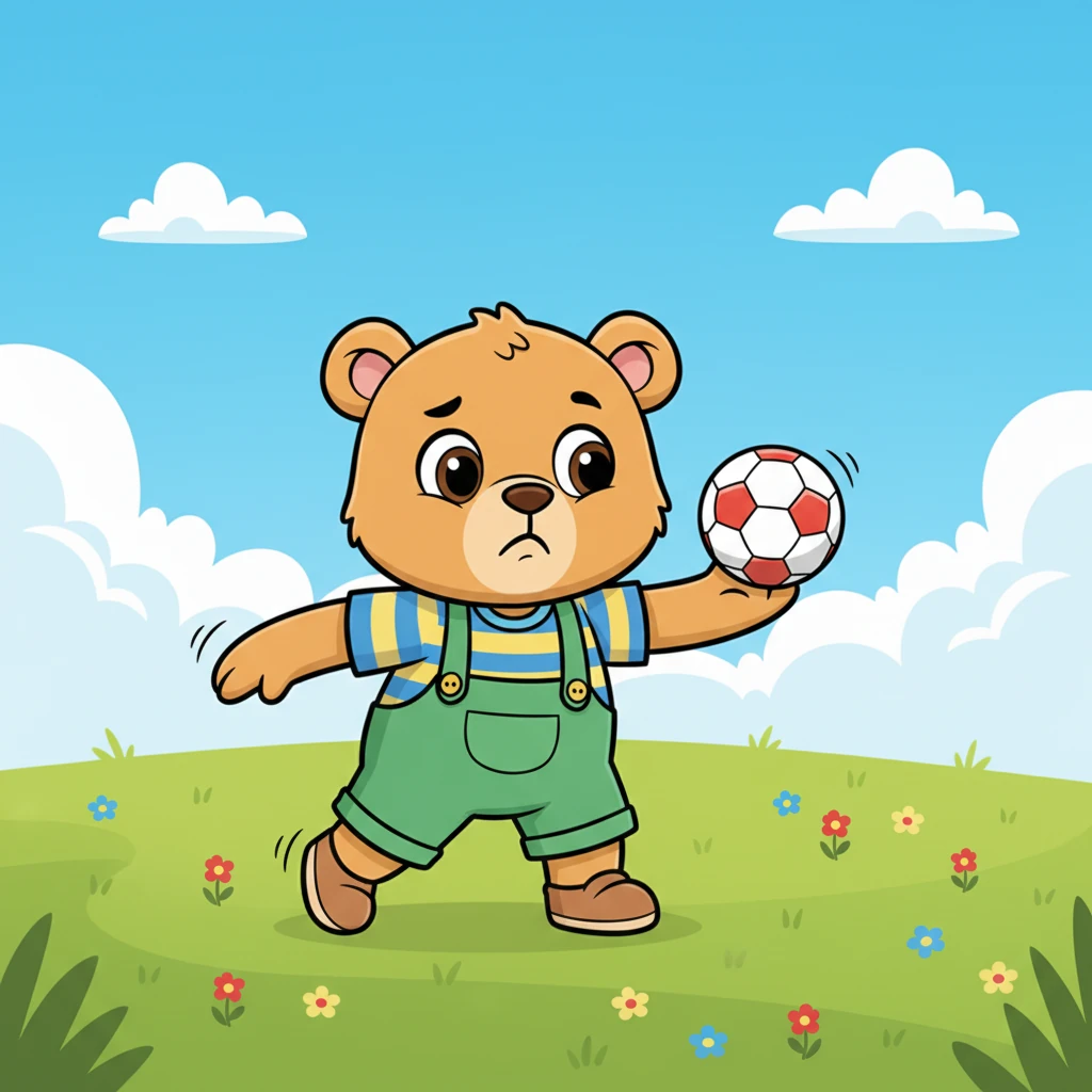 Nico lanza la pelota, pero el rebote ya no parece tan divertido. El prado, antes lleno de alegría, ahora se siente vacío y silencioso. El cielo, aunque brillante, no tiene el mismo brillo juguetón sin nadie con quien compartir el momento.