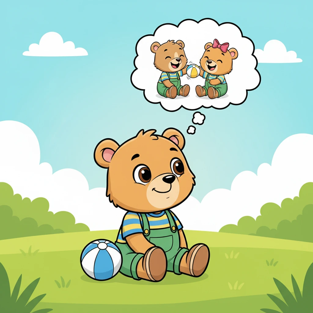 Nico se sienta en la hierba, su pelota azul descansando a su lado. Una pequeña burbuja de pensamiento aparece sobre su cabeza, mostrando a él y a Pipa riendo y jugando juntos. Una sonrisa suave comienza a formarse en su rostro, dándose cuenta de algo importante.