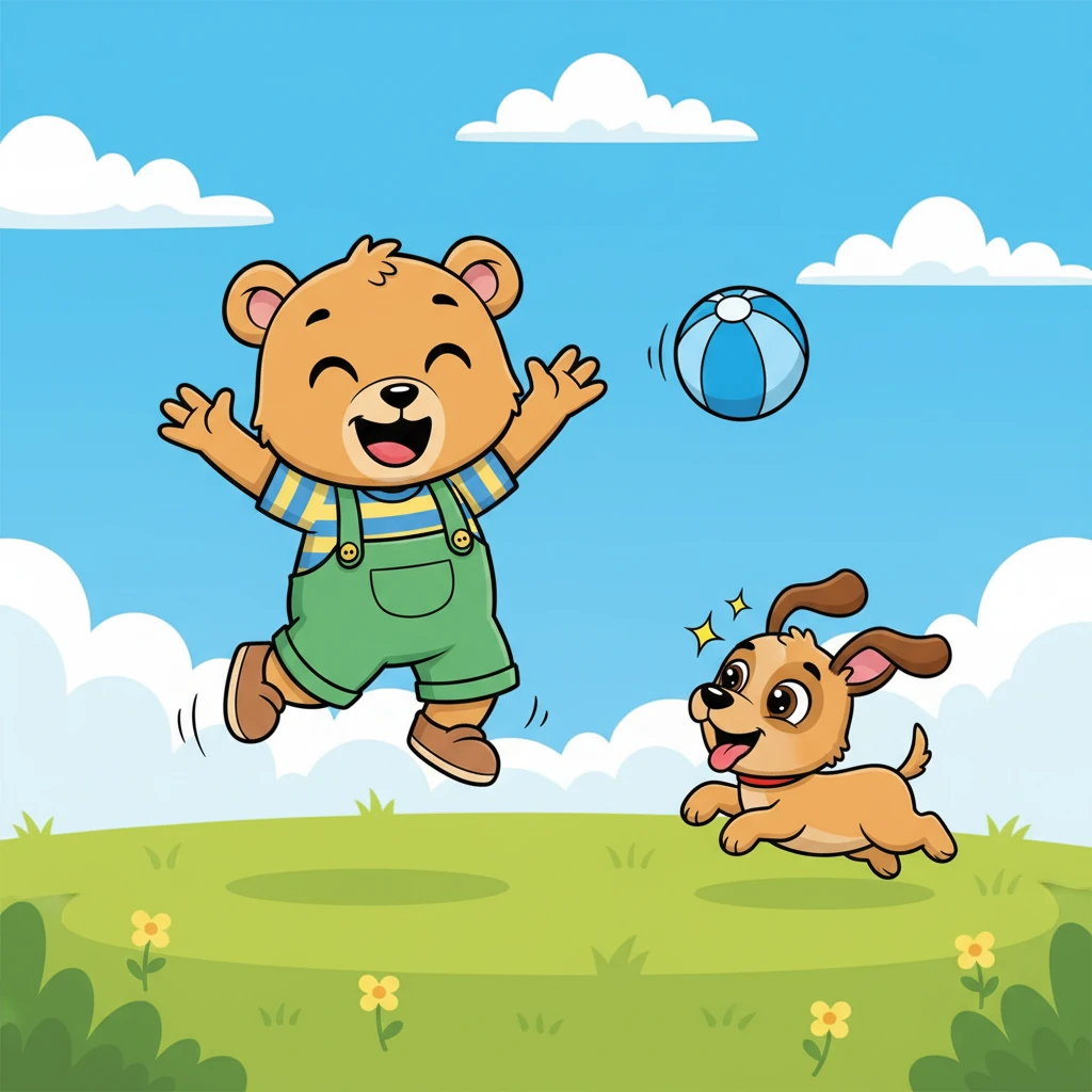 Nico se levanta de un salto, sus brazos abiertos y una gran sonrisa en su cara. ¡Pipa regresa, sus orejas levantadas y sus ojos brillantes de alegría! La pelota azul vuela por el aire mientras los dos amigos ríen a carcajadas, sus movimientos llenos de energía y felicidad.