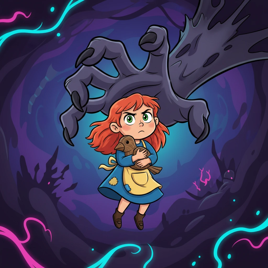 Young Elara hung suspended in a shadowy realm, her small form engulfed by the dark, twisted hand of an evil witch. The air was thick with a chilling presence, but even in fear, a spark of defiance flickered in her eyes. She clutched a tiny, worn wooden bird, her only comfort in the vast emptiness.