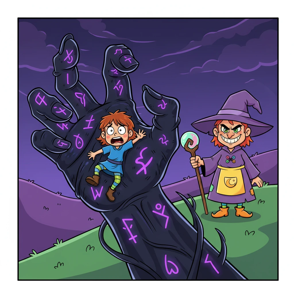 The witch’s hand, grotesque and enormous, was woven from pure black magic, its surface cracked with glowing purple runes. Its jagged fingers tightened around Elara, a menacing grip that promised no escape. Shadows danced around the runes, making the dark magic pulse with sinister energy.