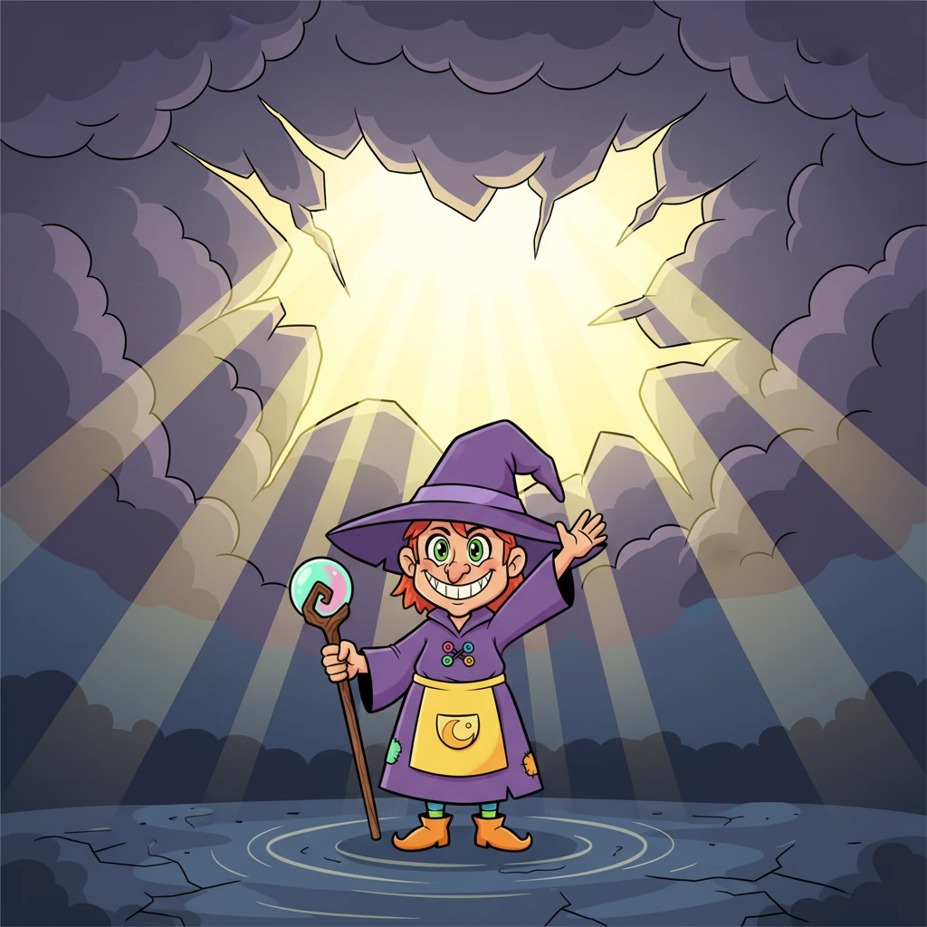 Suddenly, a blinding golden light tore through the oppressive darkness above, ripping open the shadow-filled sky. The realm trembled as the heavens parted, bathing Elara and the witch's hand in an ethereal glow. This dramatic shift hinted at a powerful force about to intervene.