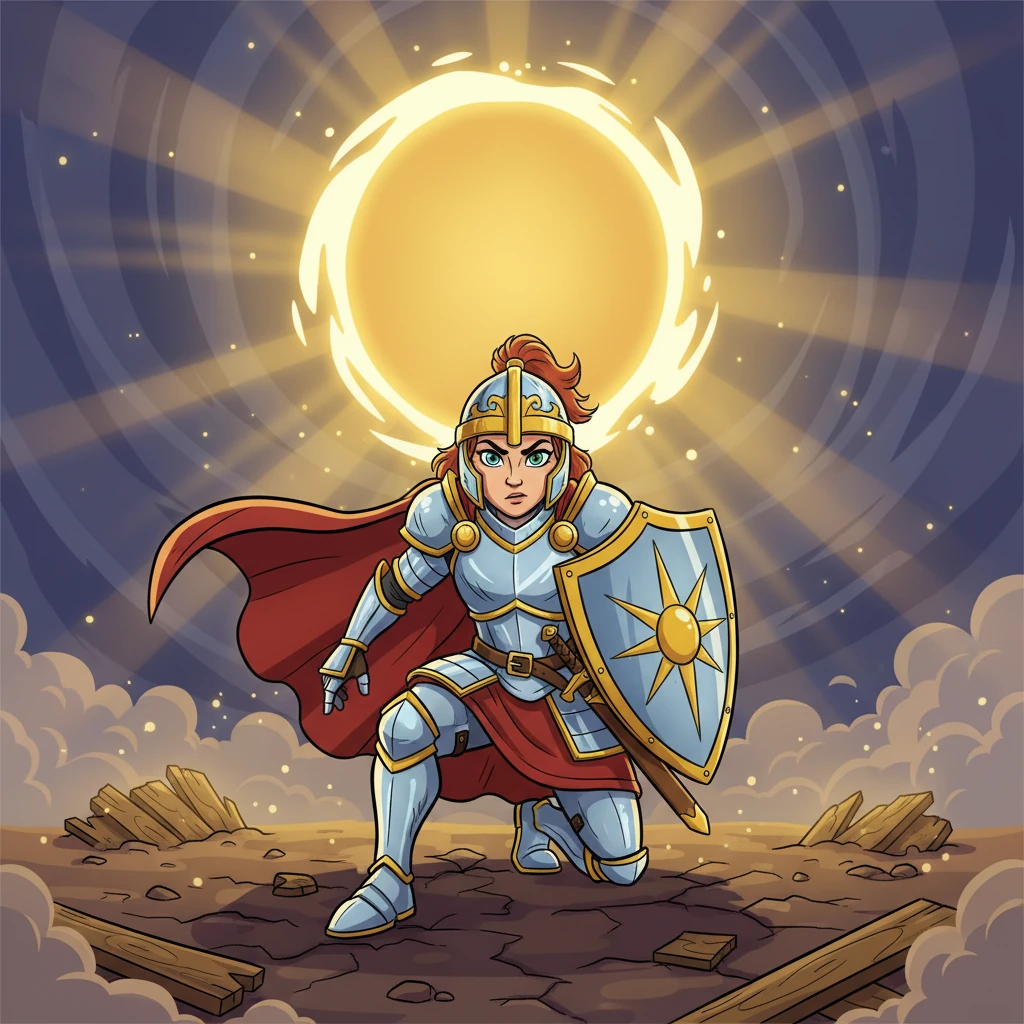 From the radiant opening descended a powerful and fearless warrior, radiating an aura of pure strength and justice. Clad in gleaming armor that reflected the golden light, the warrior’s dynamic pose suggested readiness for any challenge. Their arrival instantly shifted the atmosphere from despair to thrilling anticipation.