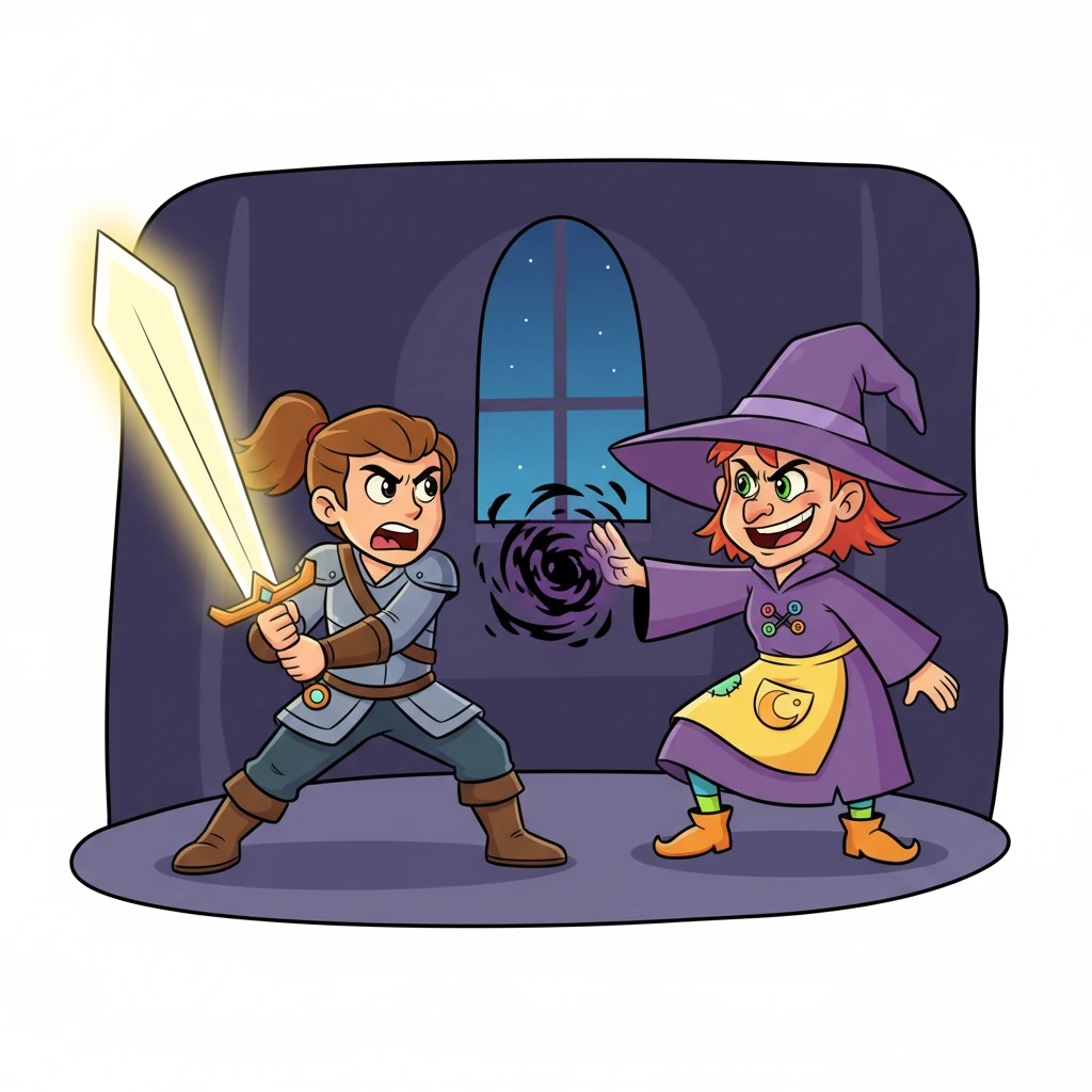 The warrior wielded a magnificent sword of light, its blade pulsating with an inner glow that cut through the remaining shadows. Their eyes, filled with unwavering determination, locked onto the witch's menacing hand. With a mighty roar, the warrior stepped forward, ready to shatter the dark spell.