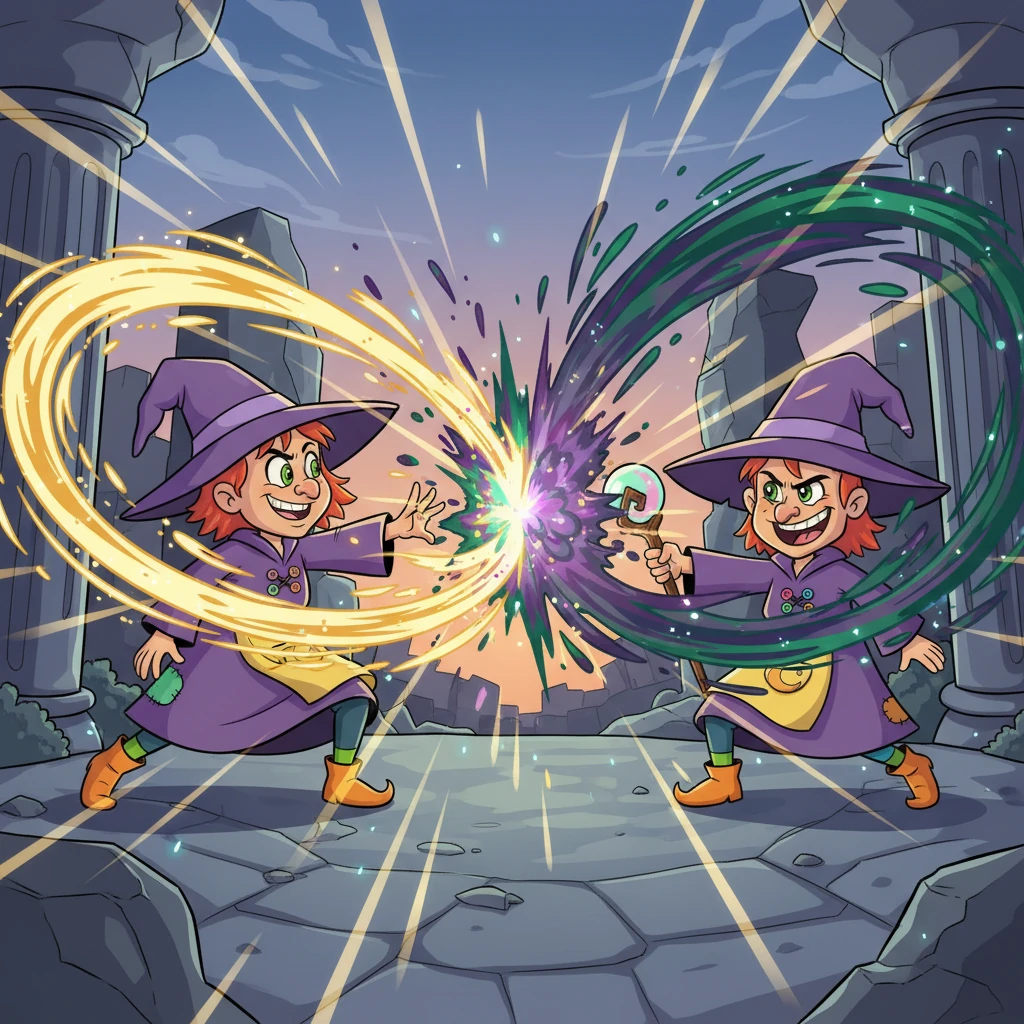 Magic clashed with a spectacular burst of color and energy as the warrior’s golden light struck the witch’s dark magic. The air crackled with power, creating dazzling light effects and dramatic contrasts. The battle for Elara's freedom had begun, a vibrant spectacle of good confronting evil.