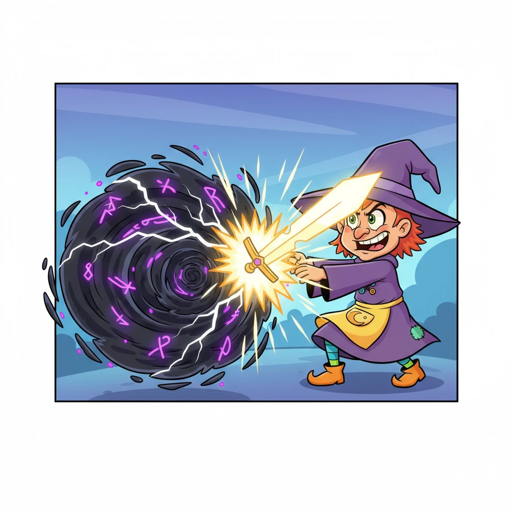 The witch's hand recoiled, purple runes flickering wildly as the warrior's sword of light bit deep into its shadowy form. Cracks spread rapidly across the black magic, revealing glimpses of the void within. The clash intensified, a vibrant explosion of light pushing back the encroaching darkness.