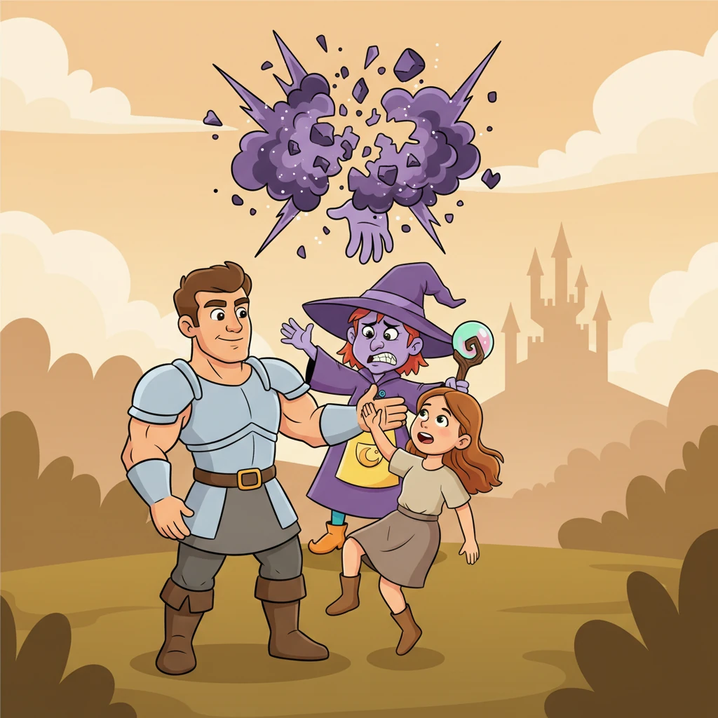 With a final, shattering blow, the witch's hand exploded into shimmering fragments of purple and black smoke. Elara, now free, drifted gently downwards, her face a mixture of relief and awe. The warrior, triumphant, reached out a strong, comforting hand towards her, catching her before she could fall.