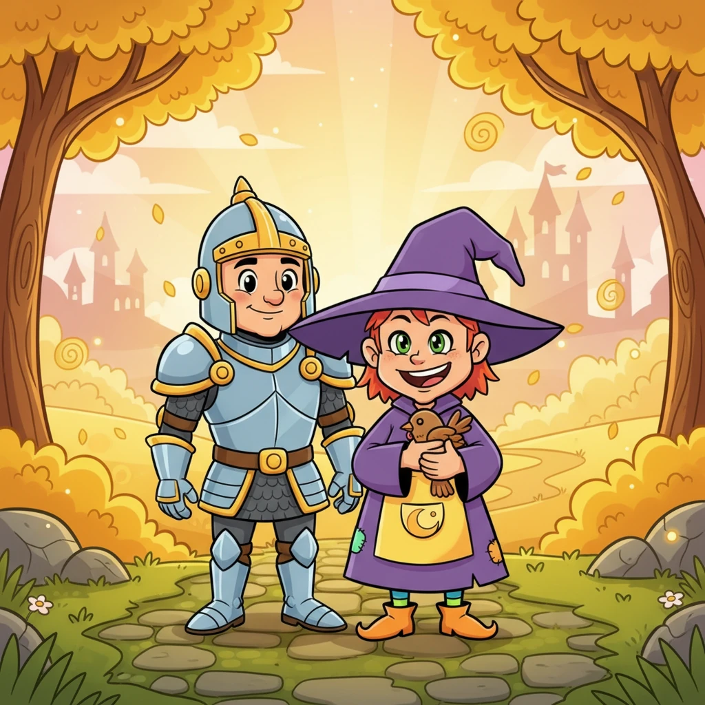 The realm was now bathed in a soft, golden glow, the shadows banished and replaced by light and warmth. Elara stood safely beside the warrior, her little wooden bird held tight, a symbol of her enduring hope. Freedom, courage, and the triumph of good over evil radiated from every corner of the transformed world.