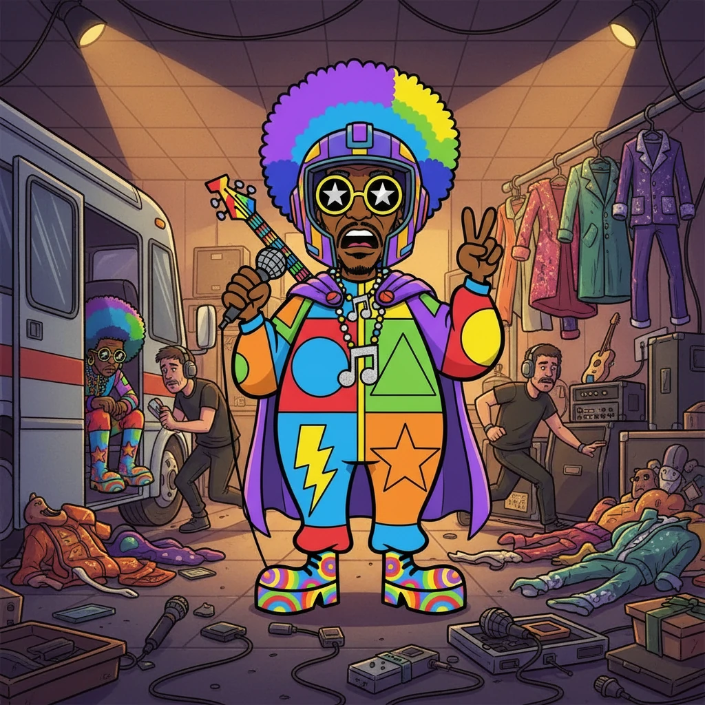 Backstage at a massive Parliament Funkadelic concert, chaos reigns. Costumes fly, stagehands rush, and George Clinton, mid-30s, prepares to transform into Dr. Funkenstein. He searches for his brother, Bootsy Collins, to begin the show. Bootsy, riddled with self-doubt, hides away on the tour bus.