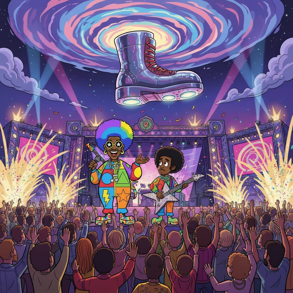 George finds Bootsy, offering reassurance and encouragement. He reminds Bootsy of their bond, urging him to embrace the stage. With Bootsy by his side, they prepare for the Mothership to descend. The crowd roars as the funk begins.