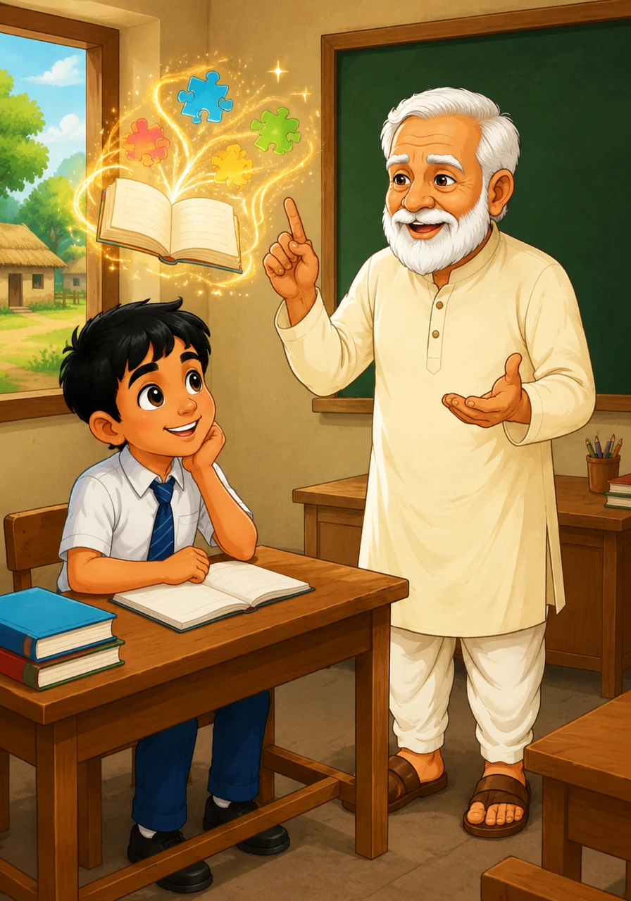एक सुंदर और शांत गाँव में विवेक नाम का एक अत्यंत जिज्ञासु और प्रतिभावान छात्र रहता था। वह अपनी पाठशाला में हर दिन कुछ नया सीखने के लिए हमेशा उत्सुक और अग्रसर रहता था। एक दिन उसके गुरुजी ने कक्षा में शब्दों के चमत्कार यानी उपसर्ग और प्रत्यय के बारे में विस्तार से समझाया।