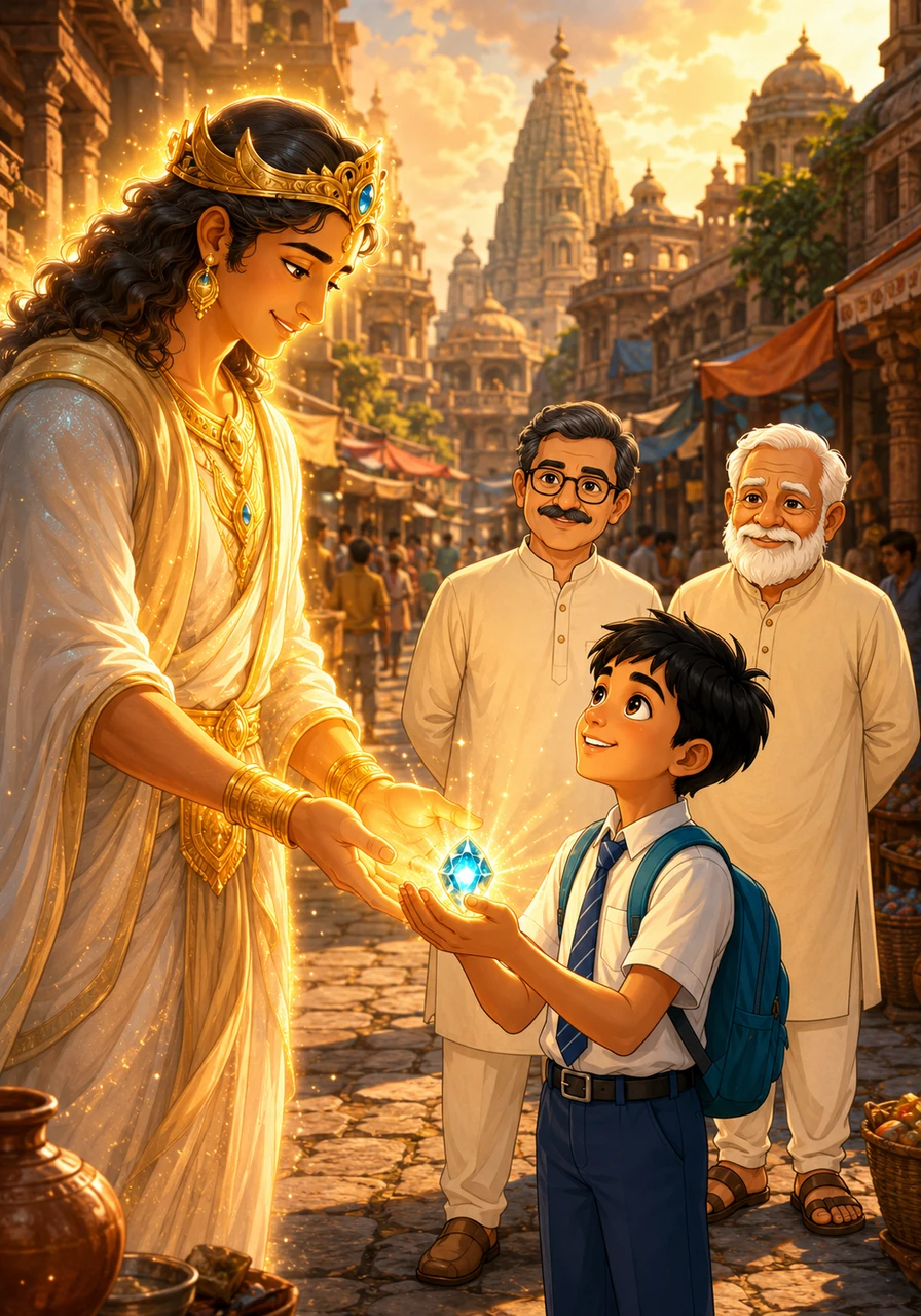 तभी वहाँ उस नगर का रक्षक प्रकट हुआ, जो विवेक की इस बुद्धिमत्ता और कर्मठता को देखकर अत्यंत प्रसन्न और गद्गद हुआ। उसने विवेक को एक चमकीला और अमूल्य ज्ञान-रत्न उपहार में दिया, जो उसकी सच्ची लगन और कठोर परिश्रम का प्रतीक था।