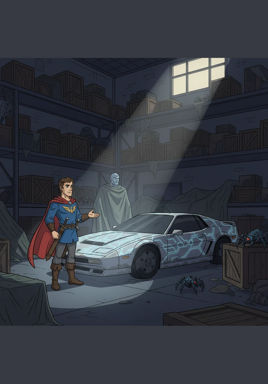 Ary discovers a sleek but dusty vintage car hidden in the corner of a dark, forgotten warehouse. The car has unusual geometric patterns etched into its silver paint that seem to pulse with a faint, mysterious light.