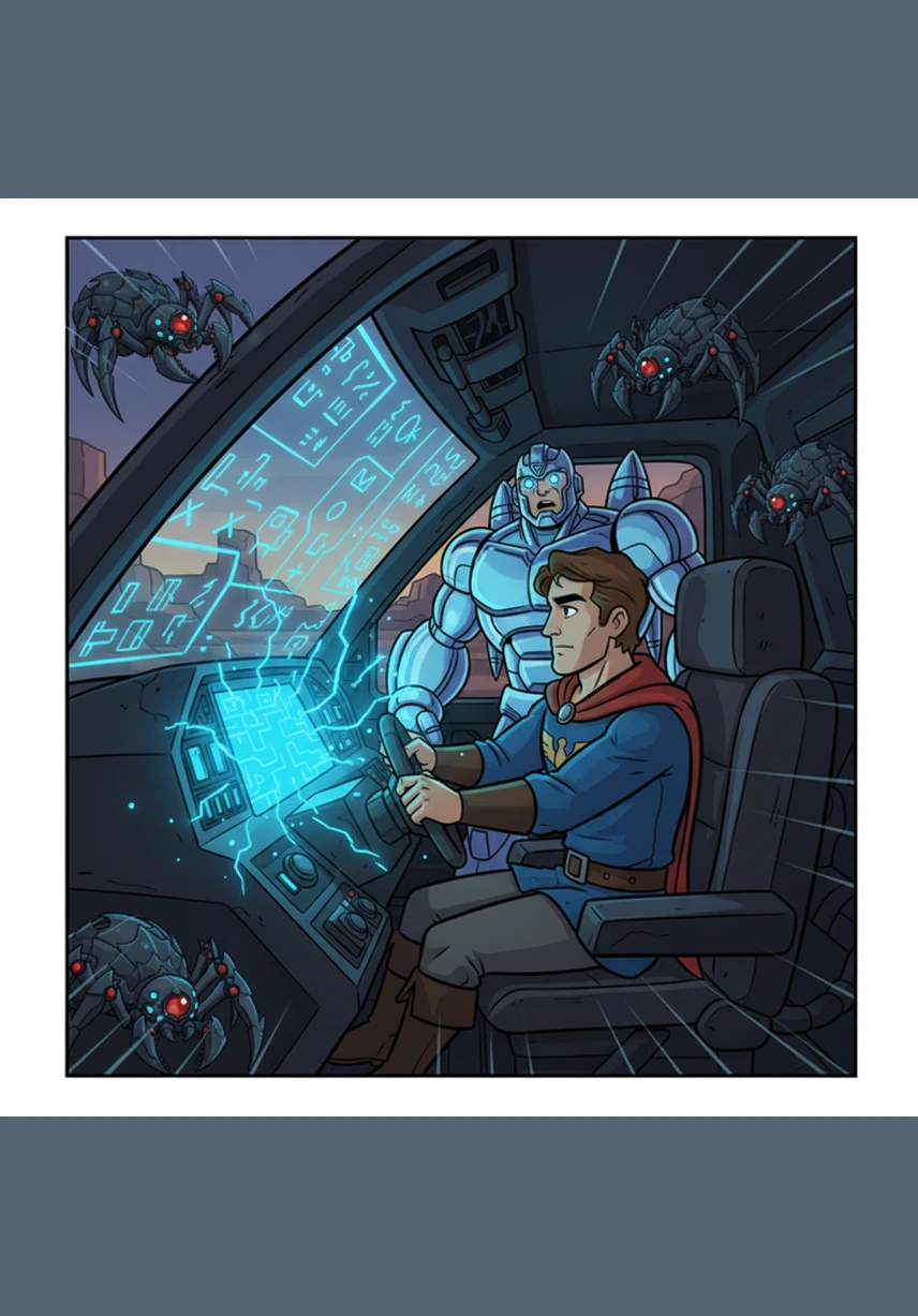 When Ary touches the steering wheel, the dashboard glows with a vibrant sapphire light. Ancient symbols flicker across the windshield, and the entire vehicle begins to vibrate with a deep, rhythmic hum of immense power.