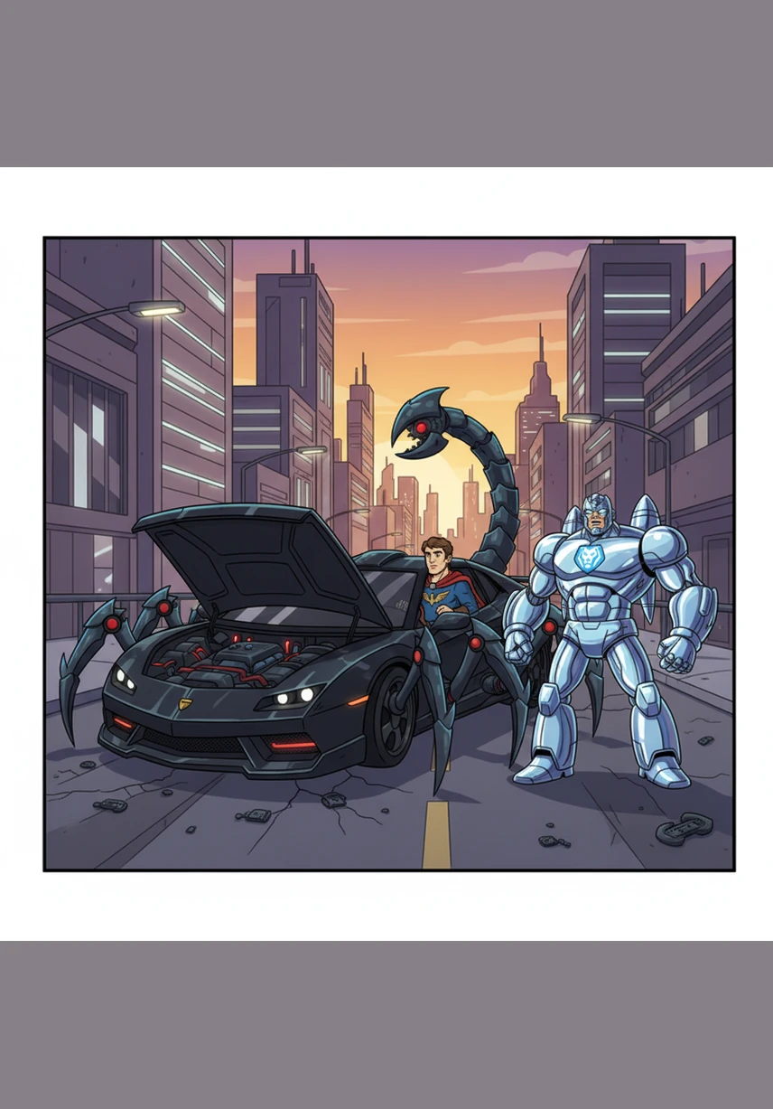 Outside in the open street, the car undergoes a spectacular transformation as its metallic parts shift, rotate, and expand. Within seconds, it stands as a colossal, heroic robot with a gleaming chrome finish and powerful limbs.