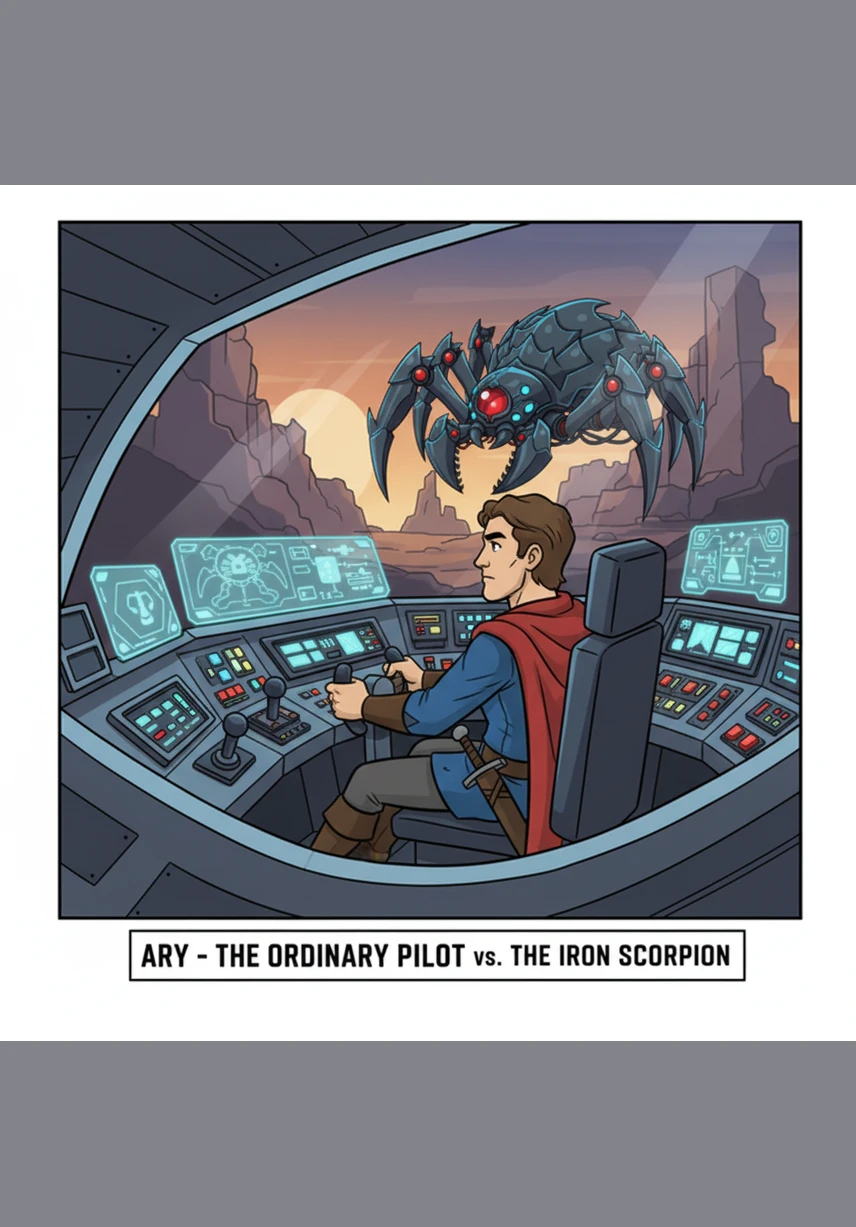 Ary sits inside the futuristic cockpit, his hands hovering over holographic controls that respond to his thoughts. He feels the immense strength of the robot flowing through him, creating a perfect bond between man and machine.