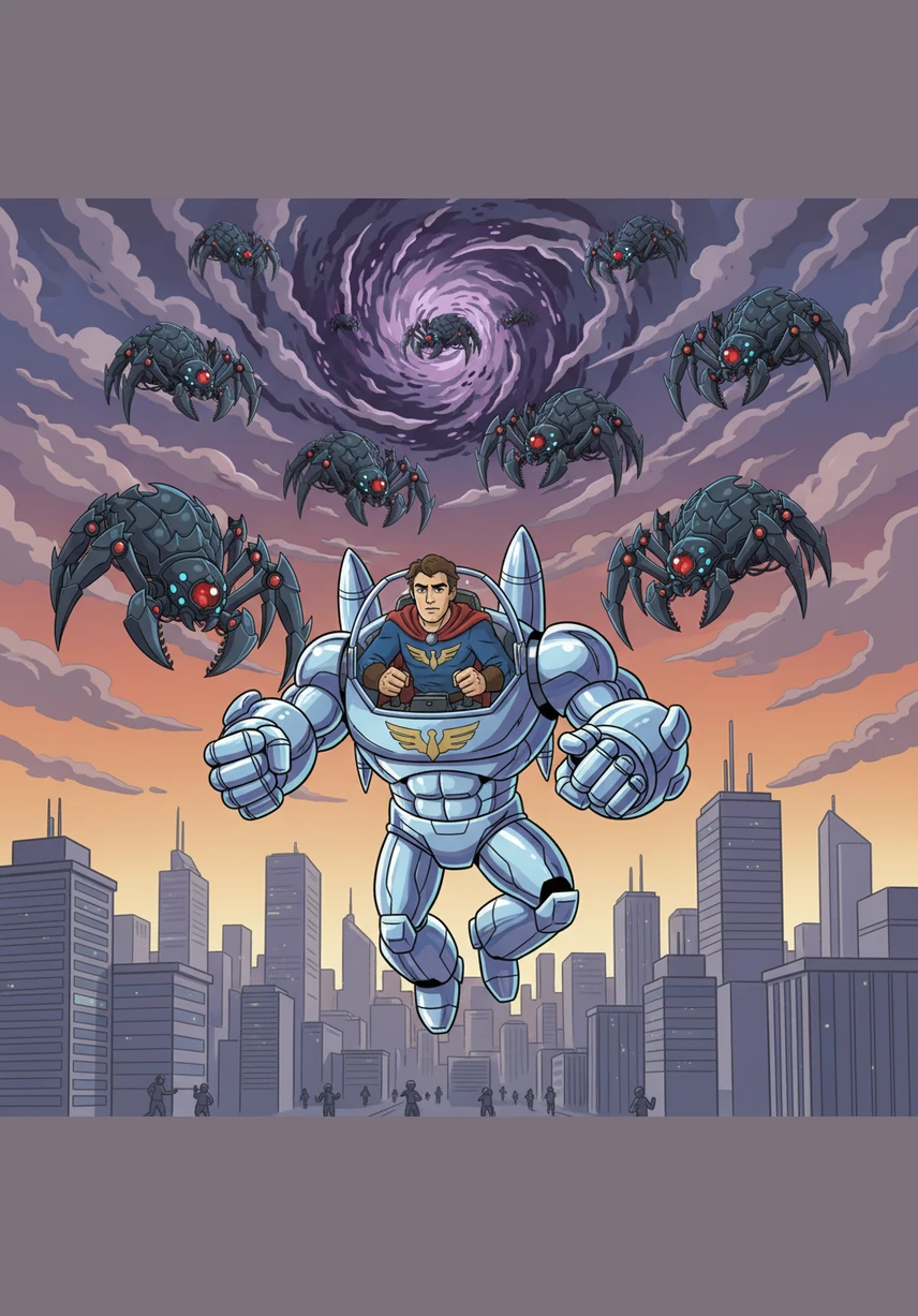 Dark, jagged mechanical spiders emerge from a swirling portal in the sky, threatening the city's peaceful afternoon. Ary grips the controls firmly, determined to use his new power to defend the innocent people below.