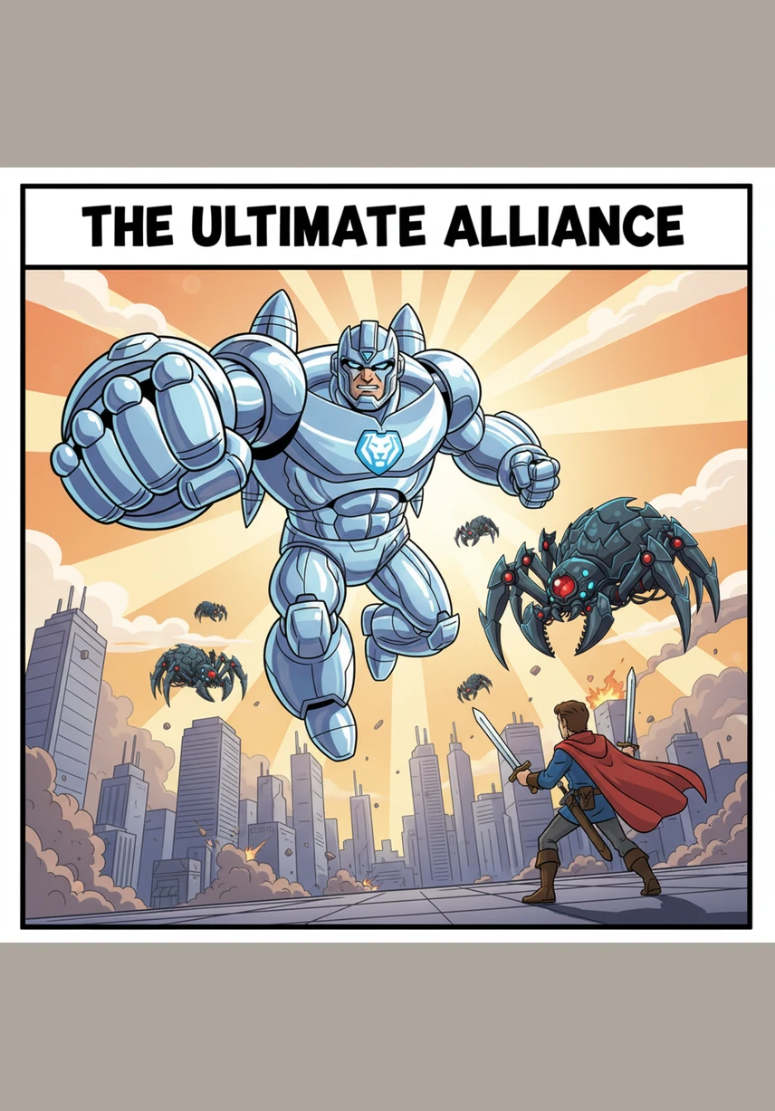 The giant robot leaps into action, its heavy metal feet leaving imprints in the asphalt as it charges toward the invaders. Its glowing blue eyes scan the battlefield with fierce determination to protect the city.